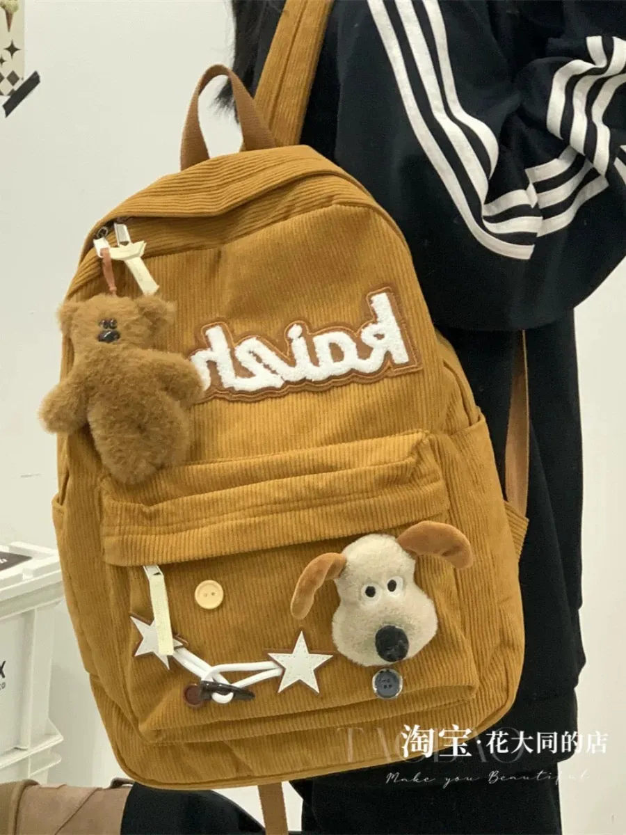 2023 New Original Autumn and Winter American Retro Corduroy Star Backpack High School Student Casual Backpack School Bag