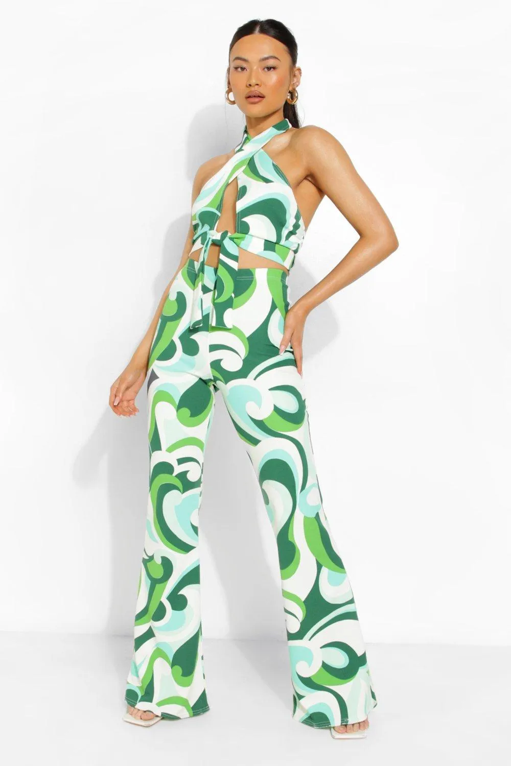 Abstract Print Wrap Halter & Flares