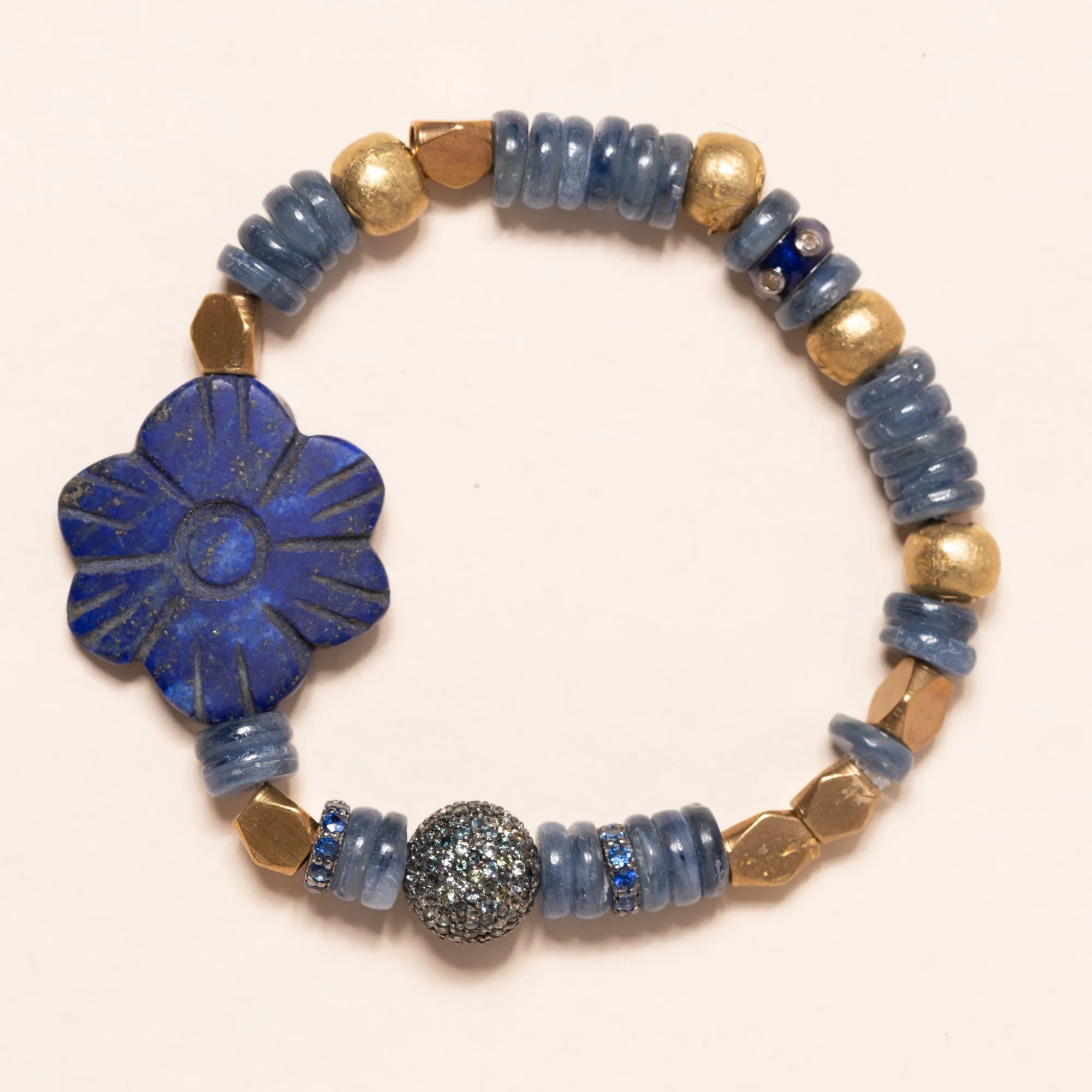 African Brass, Lapis, Kyanite, with Sapphire Roundels, Enamel/Diamond Roundel, Multi Sapphire Bead Bloom Bracelet