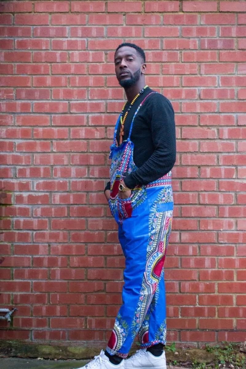 African Dungarees in Blue Dashiki Print - Festival Dungarees