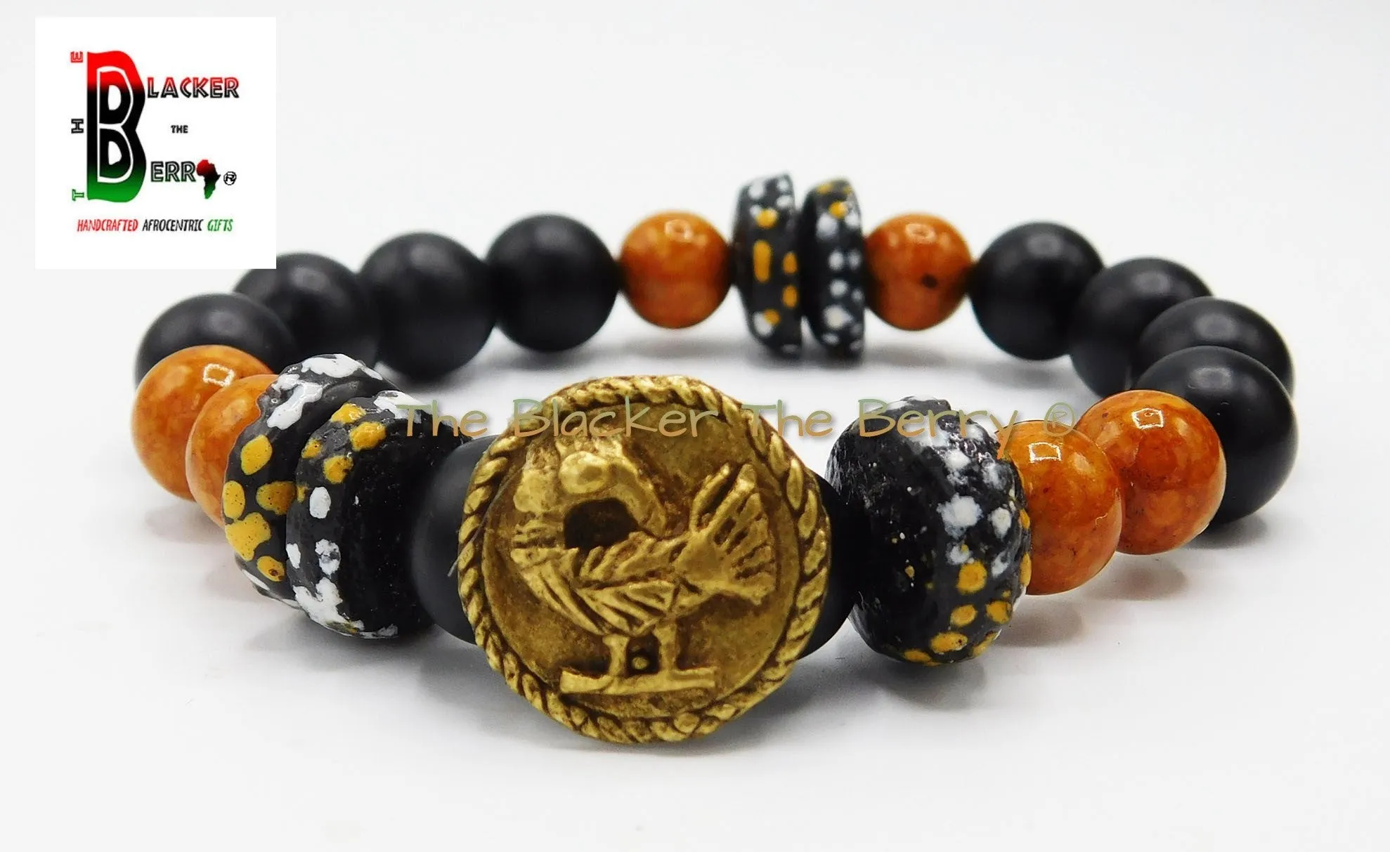 African Sankofa Bird Bracelet Beaded Jewelry Black Orange Stretch Gift Ideas