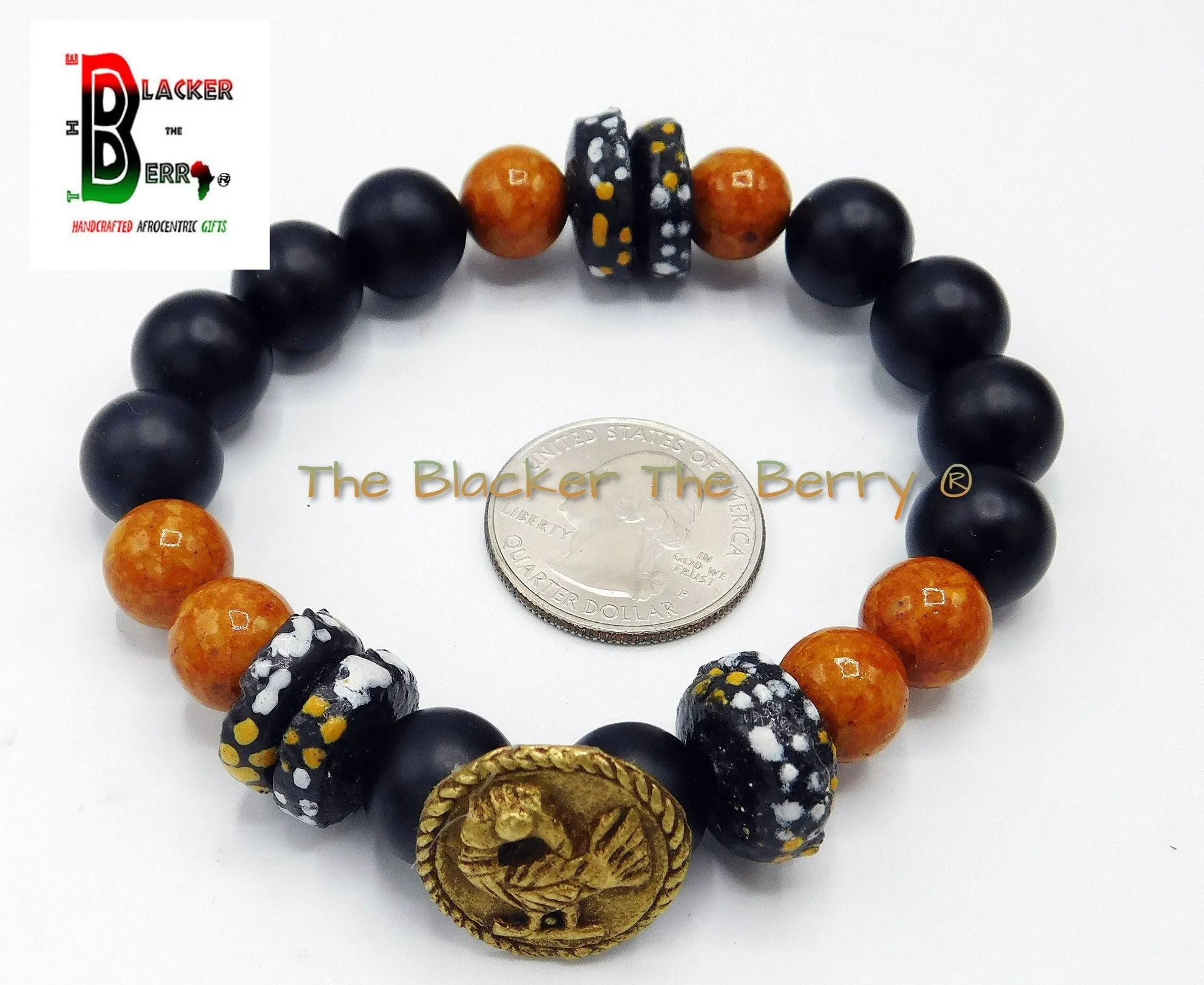 African Sankofa Bird Bracelet Beaded Jewelry Black Orange Stretch Gift Ideas