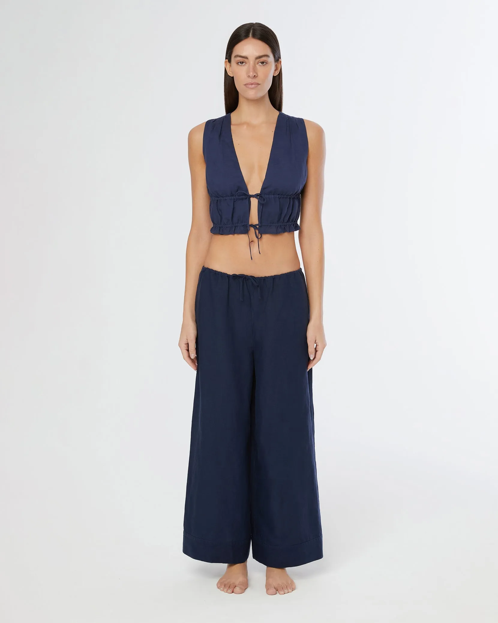 Air Linen Wide Leg Drawstring Pant | Deep Navy