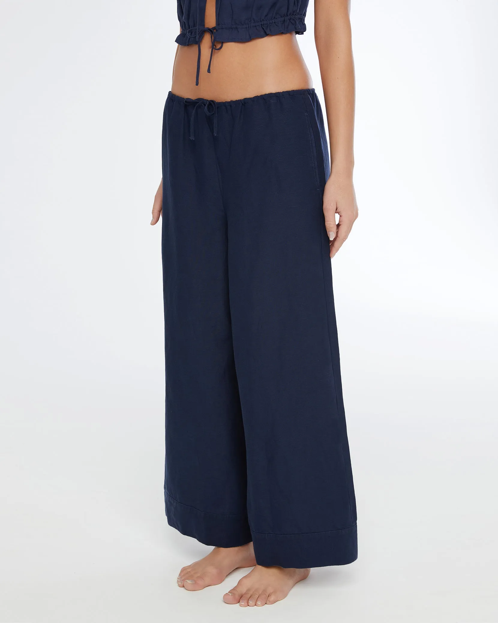 Air Linen Wide Leg Drawstring Pant | Deep Navy