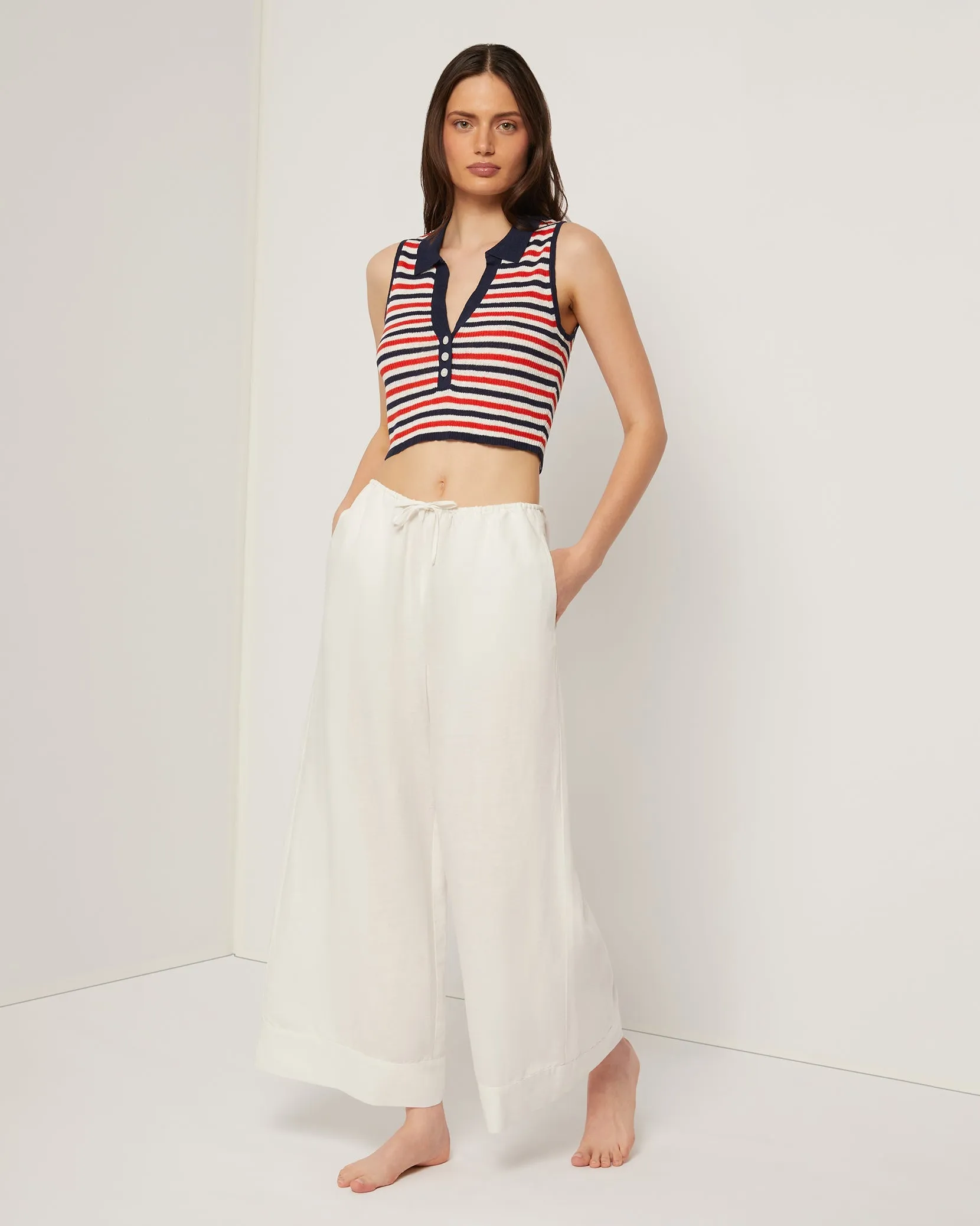 Air Linen Wide Leg Drawstring Pant | White