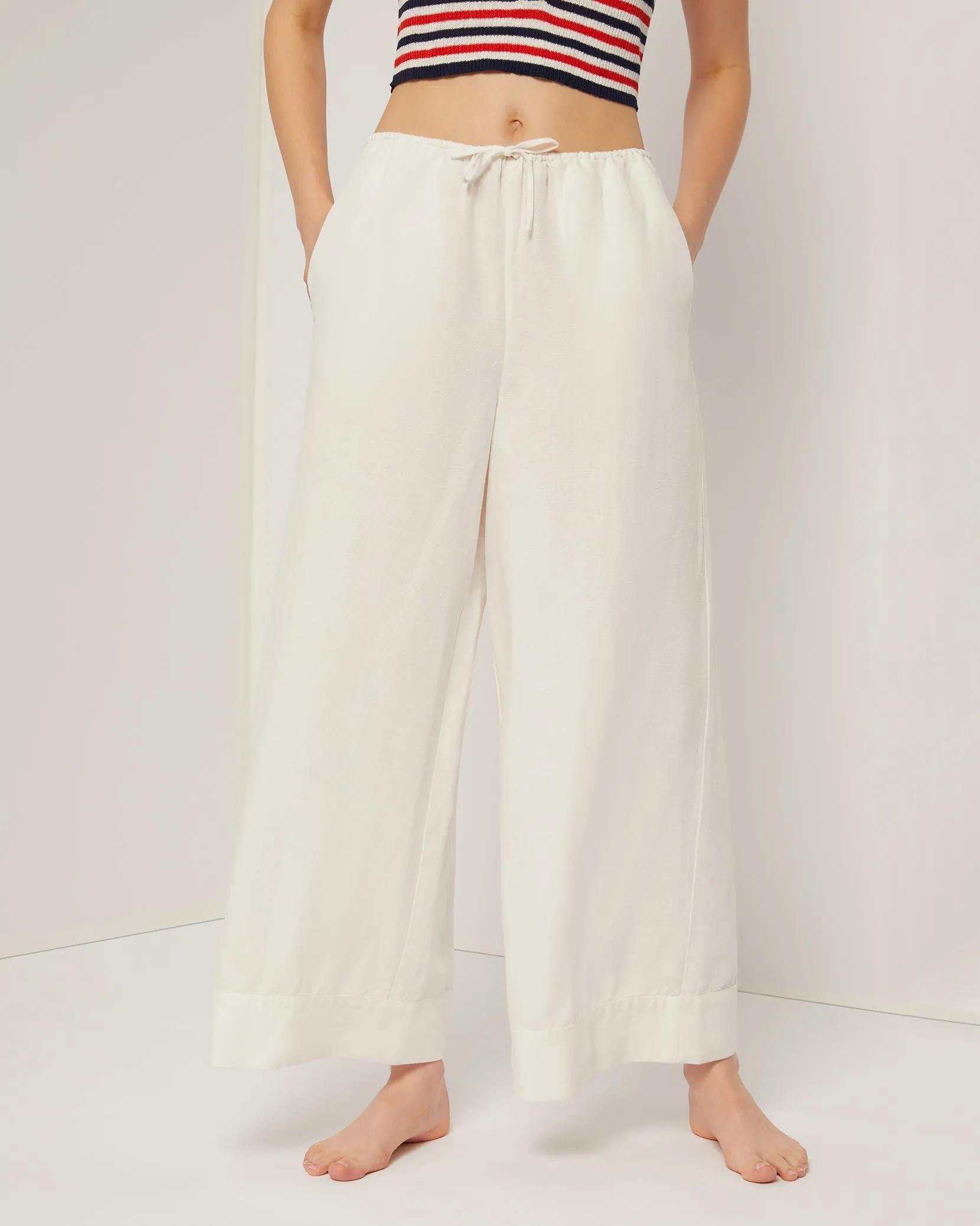 Air Linen Wide Leg Drawstring Pant | White