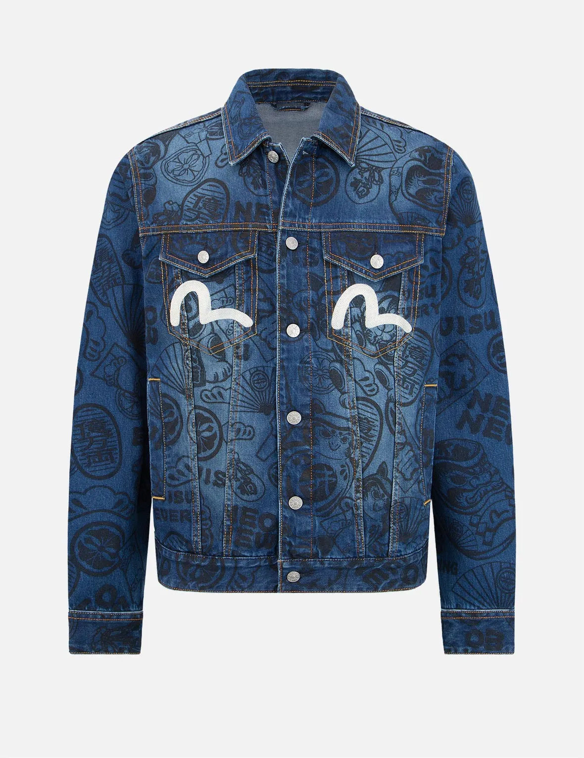 Allover EVISU Squad Discharge-Print Denim Jacket