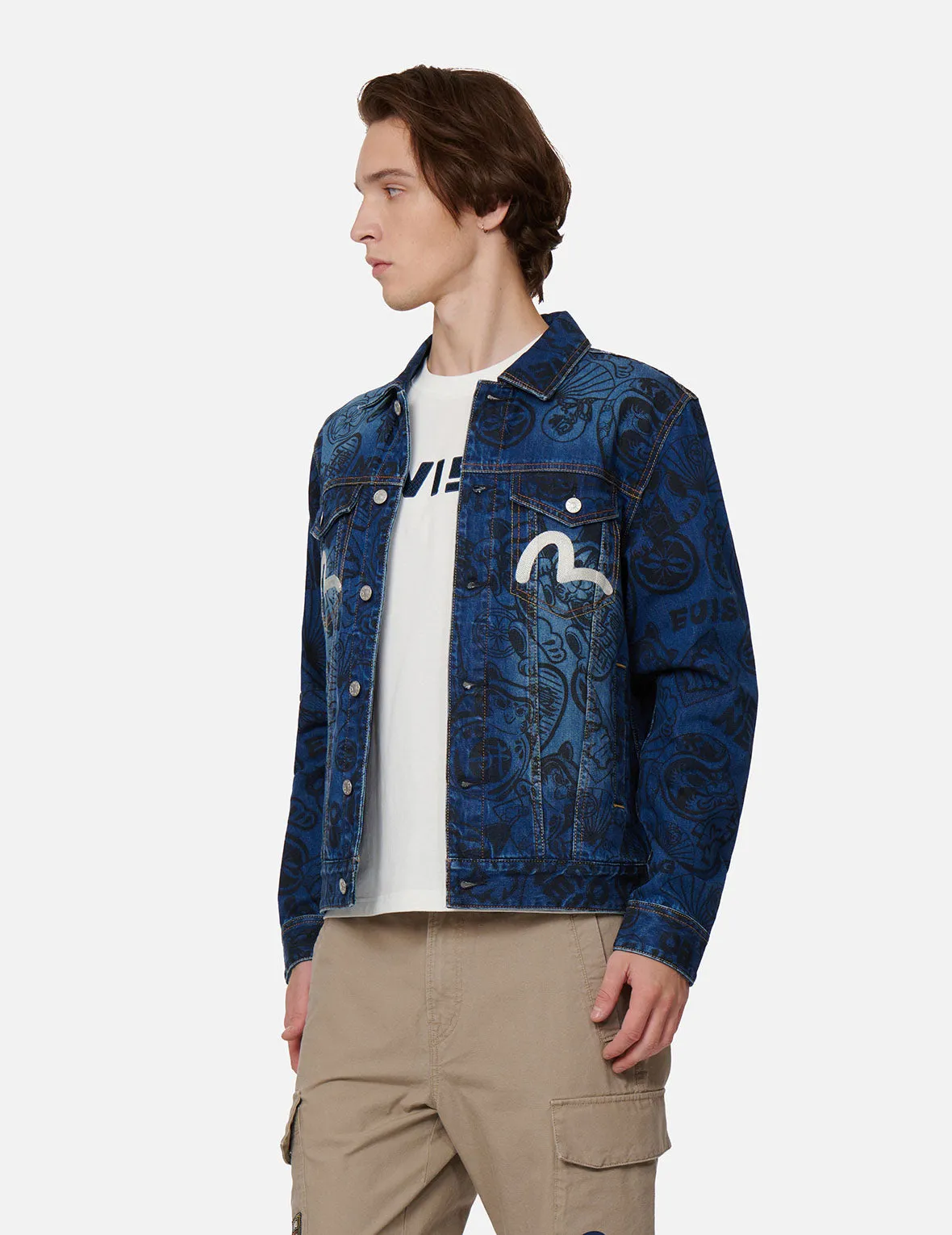 Allover EVISU Squad Discharge-Print Denim Jacket