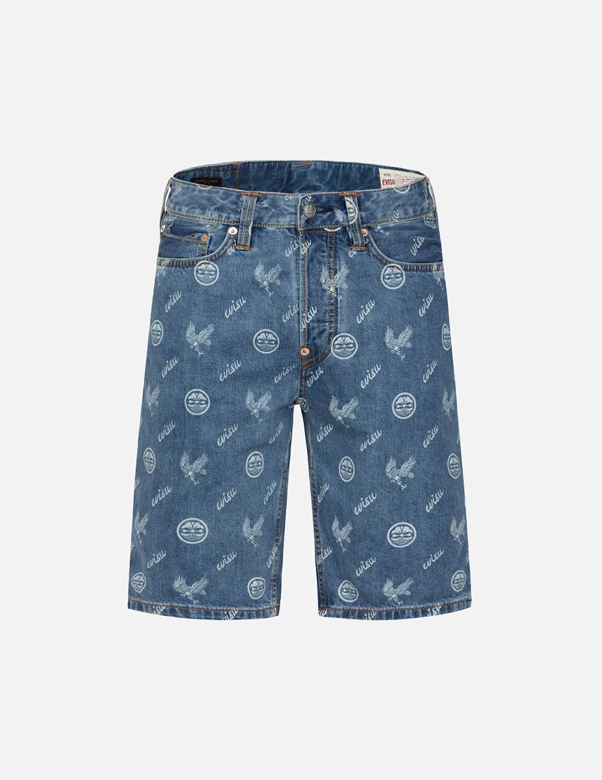 Allover Kamon and Eagle Print Denim Shorts