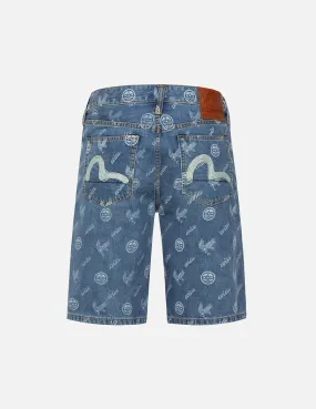 Allover Kamon and Eagle Print Denim Shorts