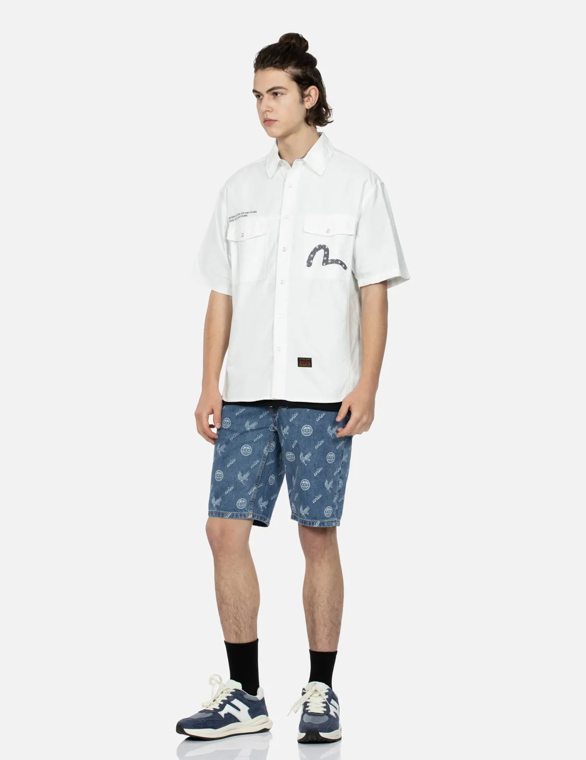 Allover Kamon and Eagle Print Denim Shorts