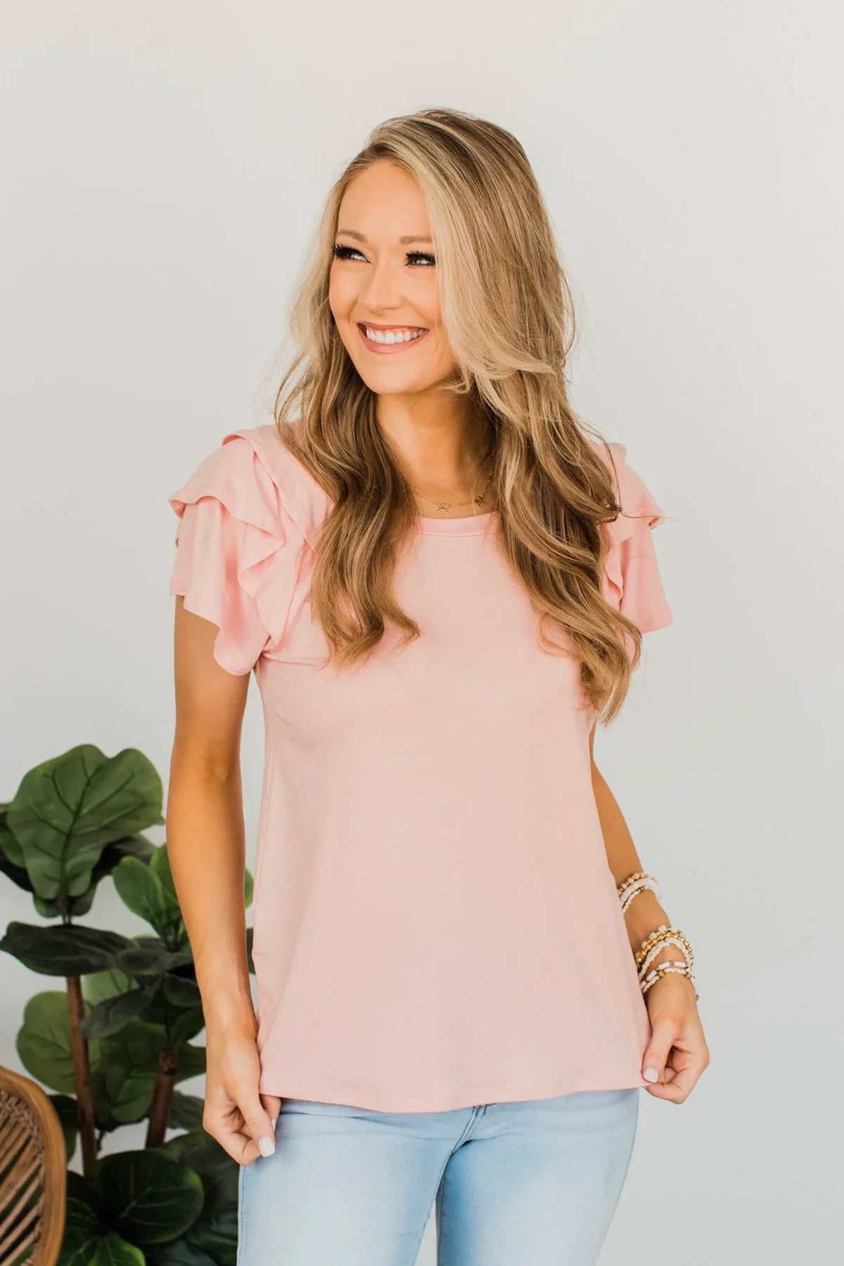 Almost There Tiered Flutter Sleeve Shirt- Light Pink