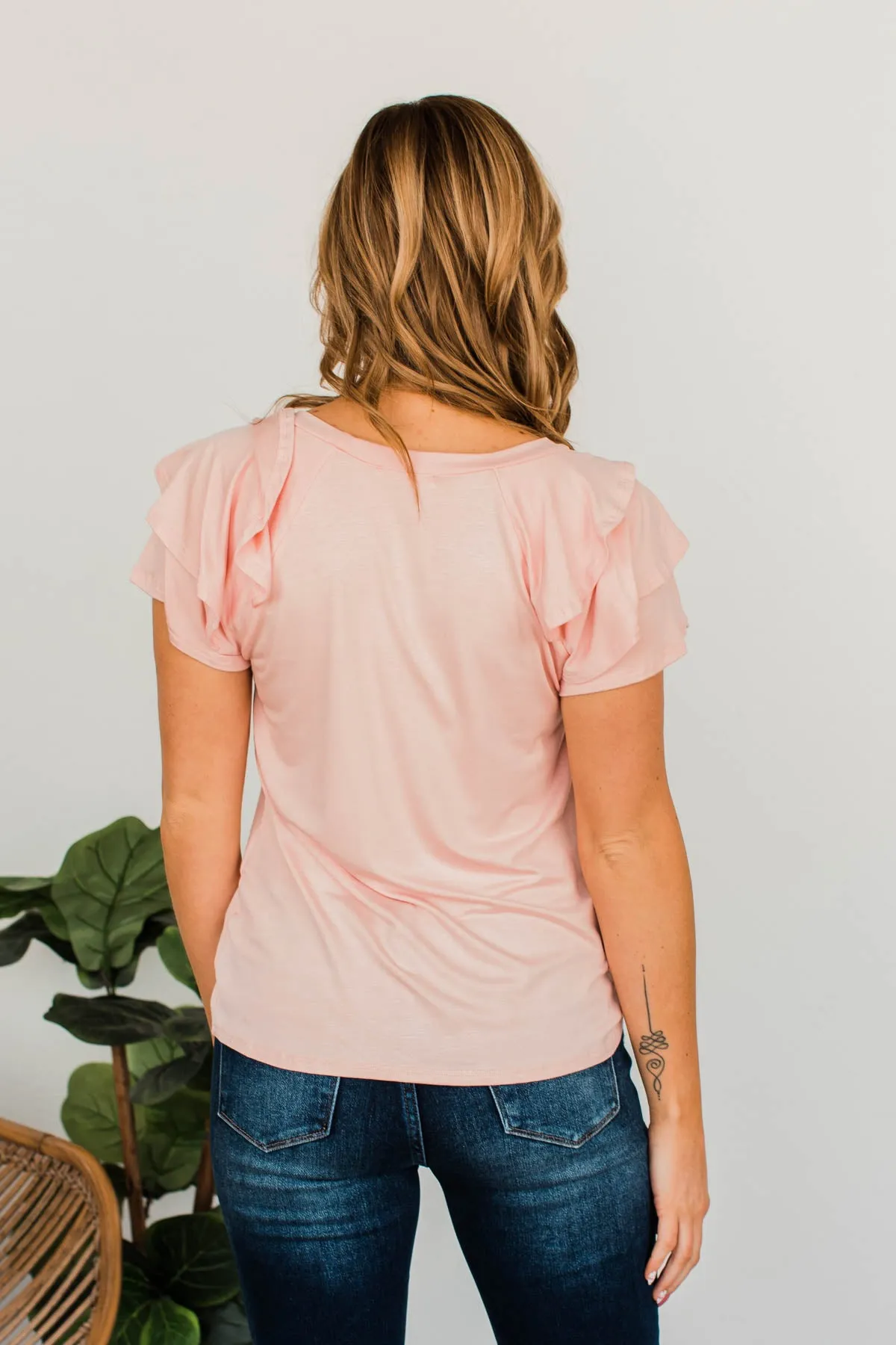 Almost There Tiered Flutter Sleeve Shirt- Light Pink