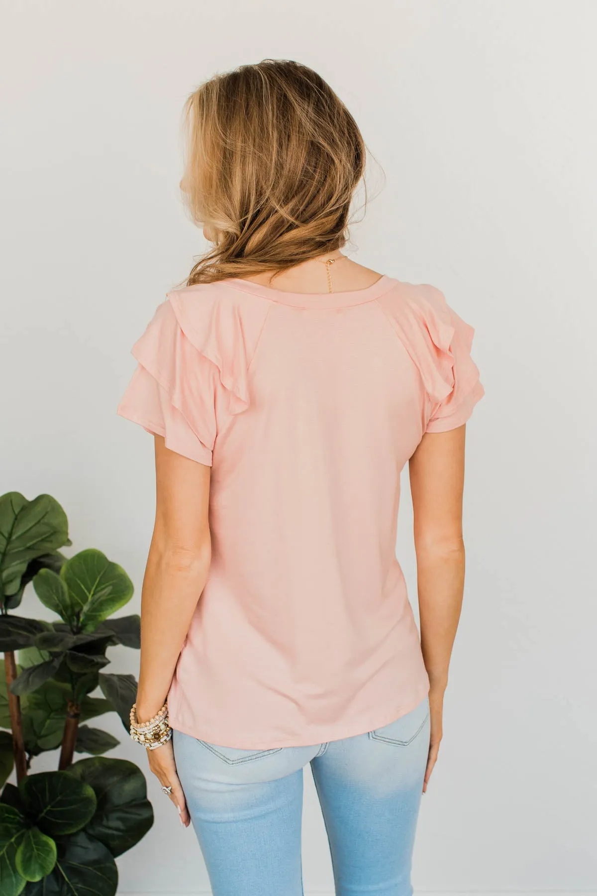 Almost There Tiered Flutter Sleeve Shirt- Light Pink