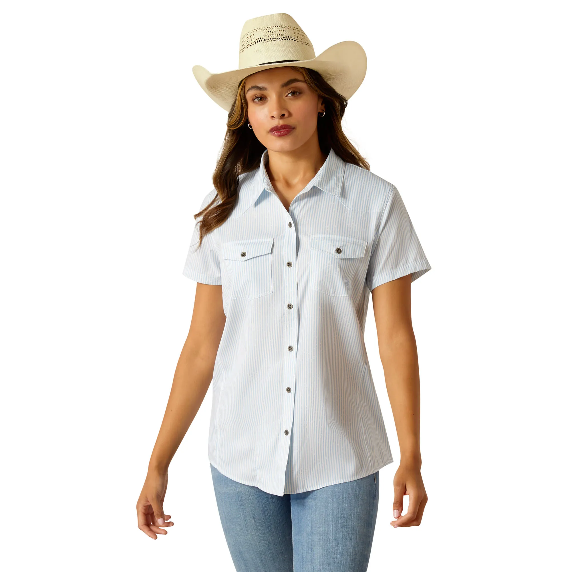 Ariat Womens VentTEK Distressed Blue Short Sleeve Shirt