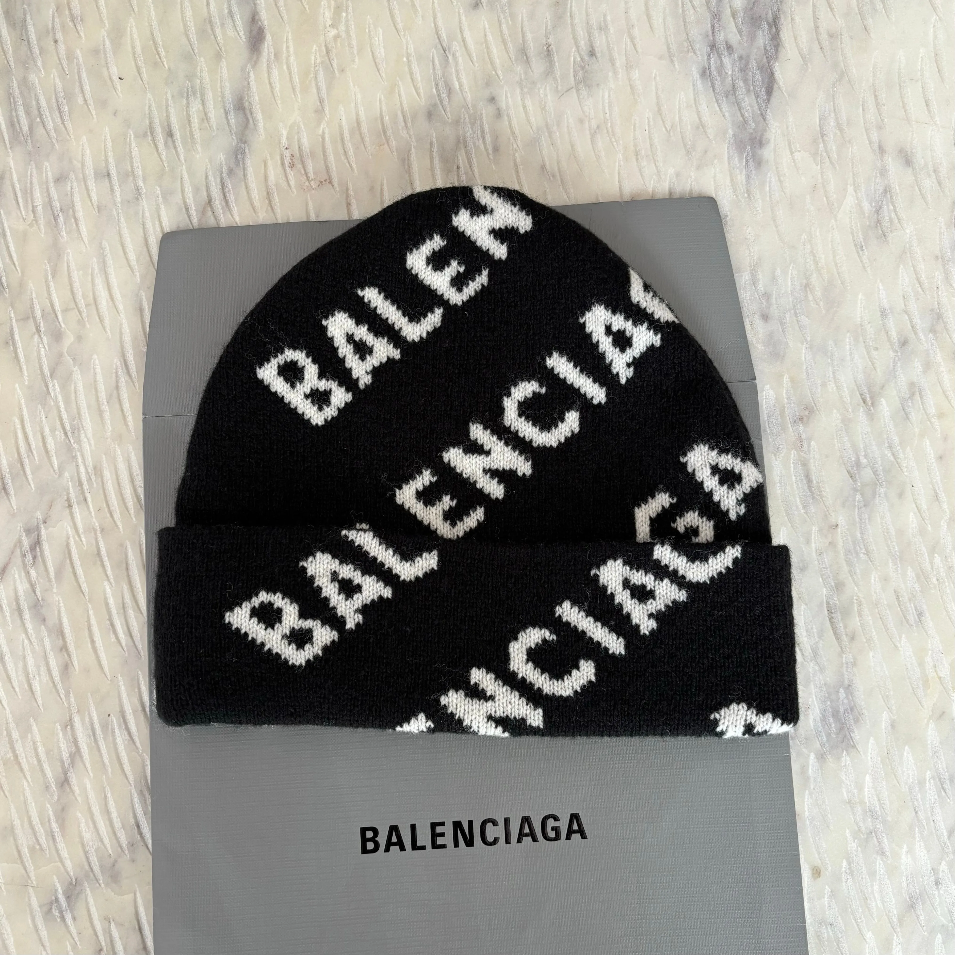 Balenciaga ALLOVER LOGO BEANIE IN BLACK