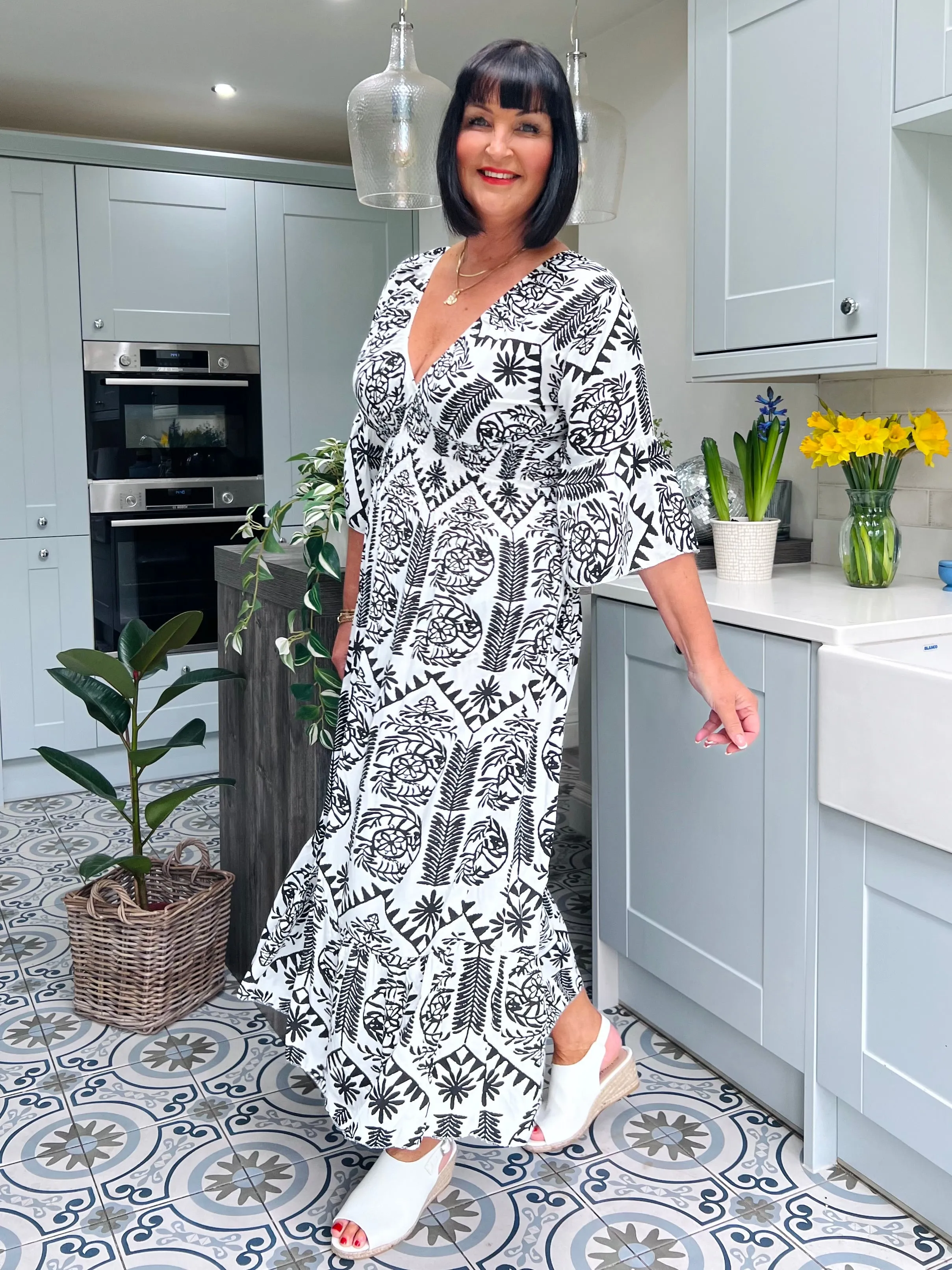 Black Flared Sleeve Maxi Tribal Dress Megan