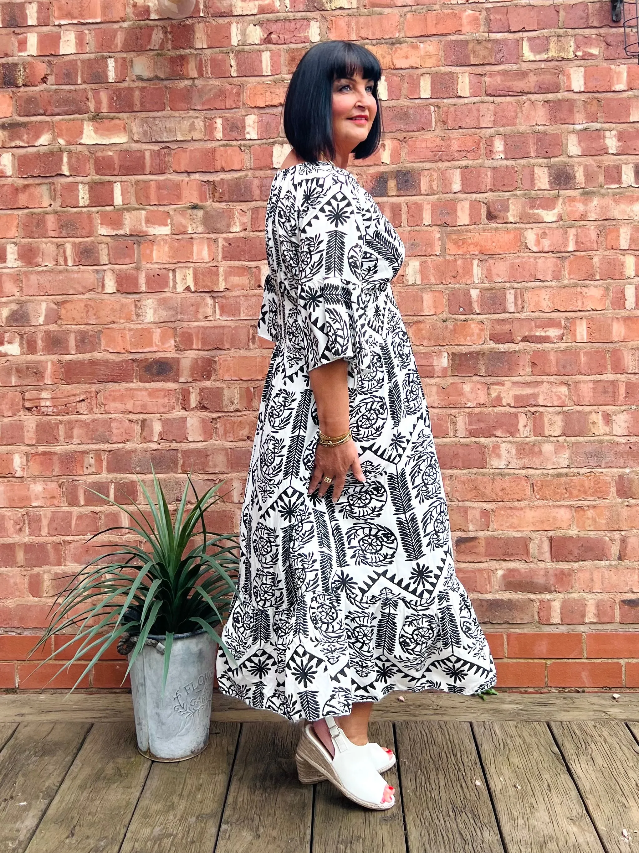 Black Flared Sleeve Maxi Tribal Dress Megan