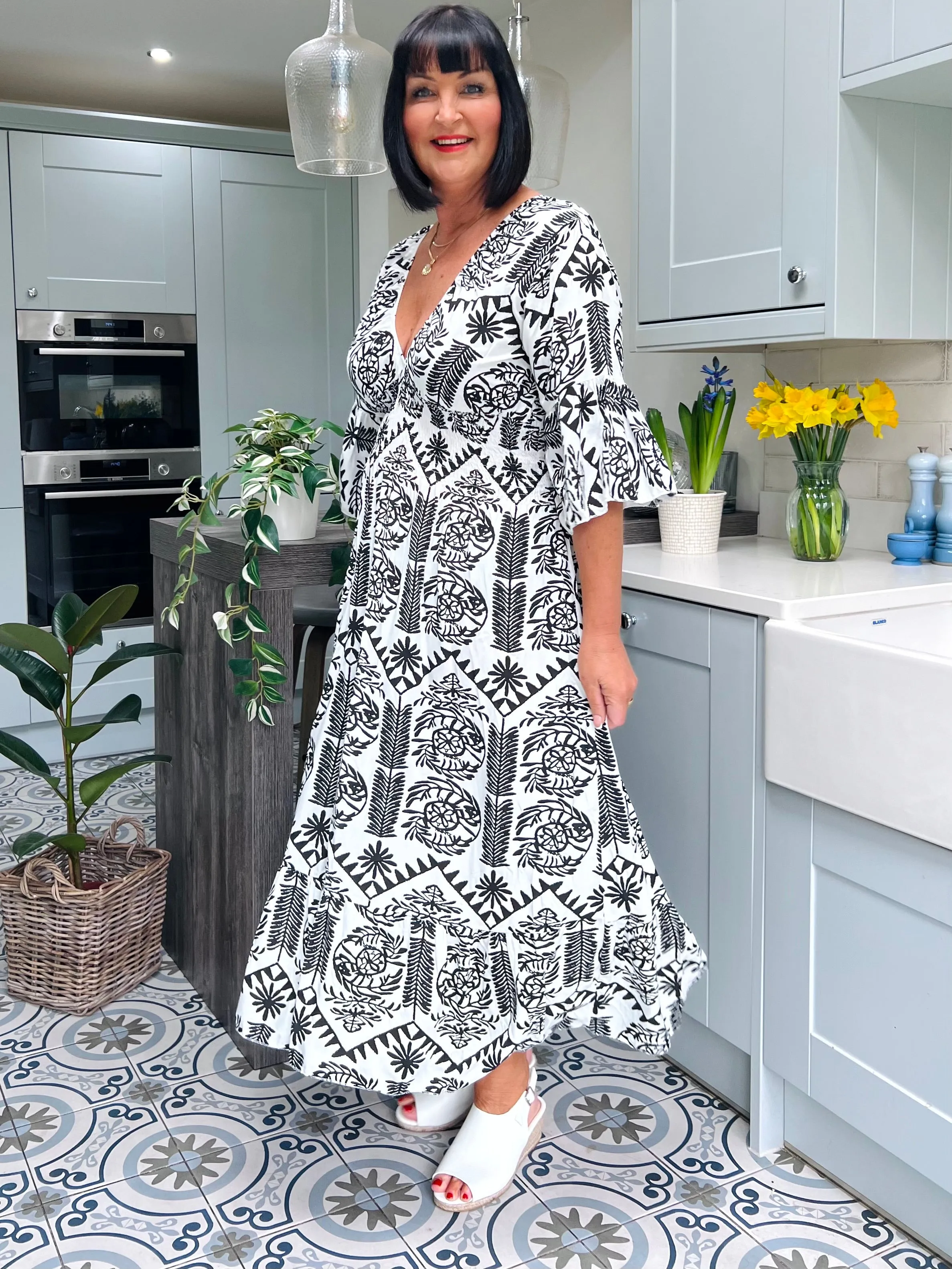 Black Flared Sleeve Maxi Tribal Dress Megan