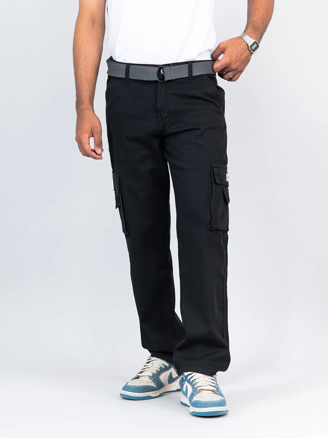 Black Flared Straight Fit Cargo Pants