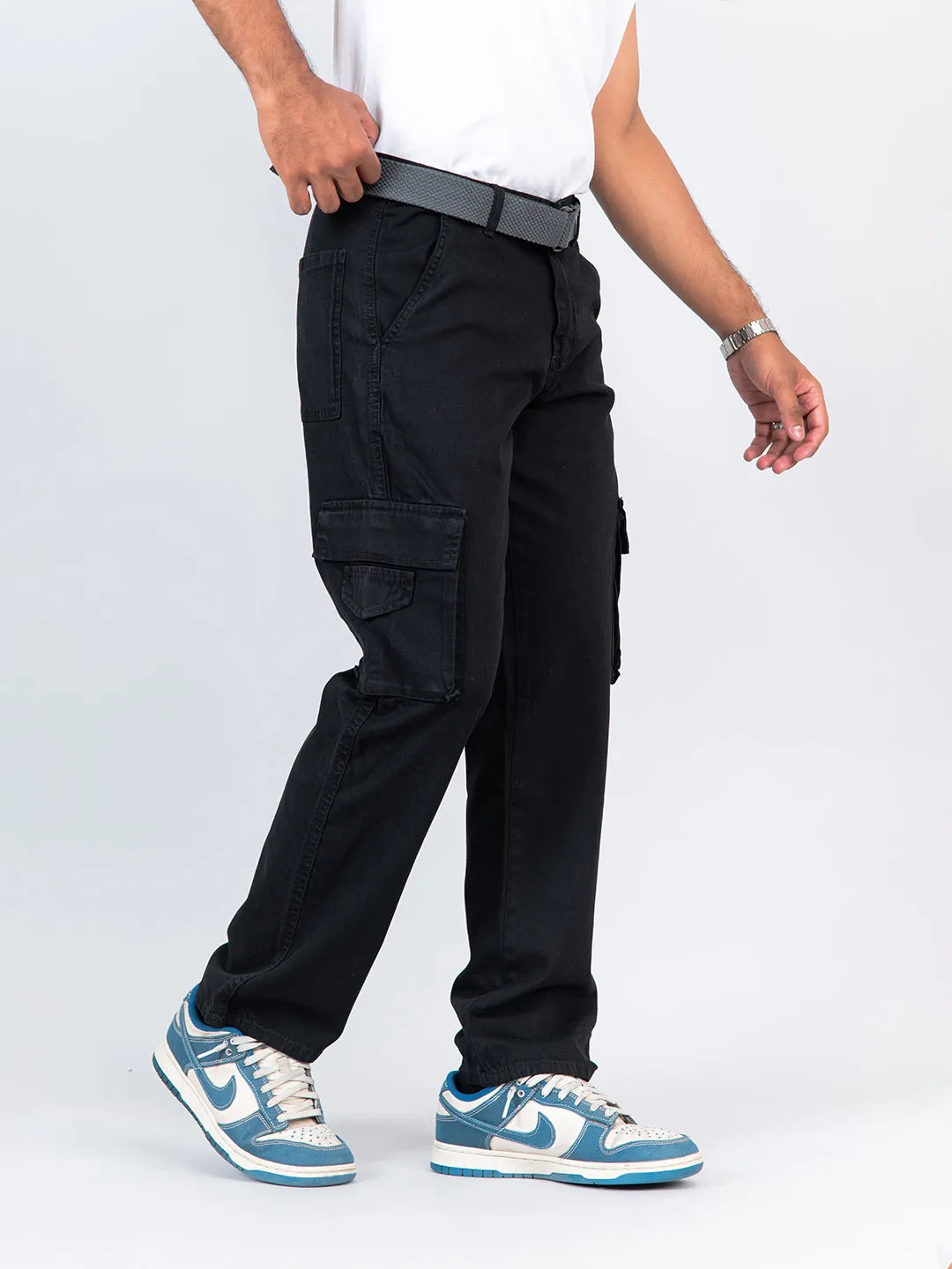 Black Flared Straight Fit Cargo Pants