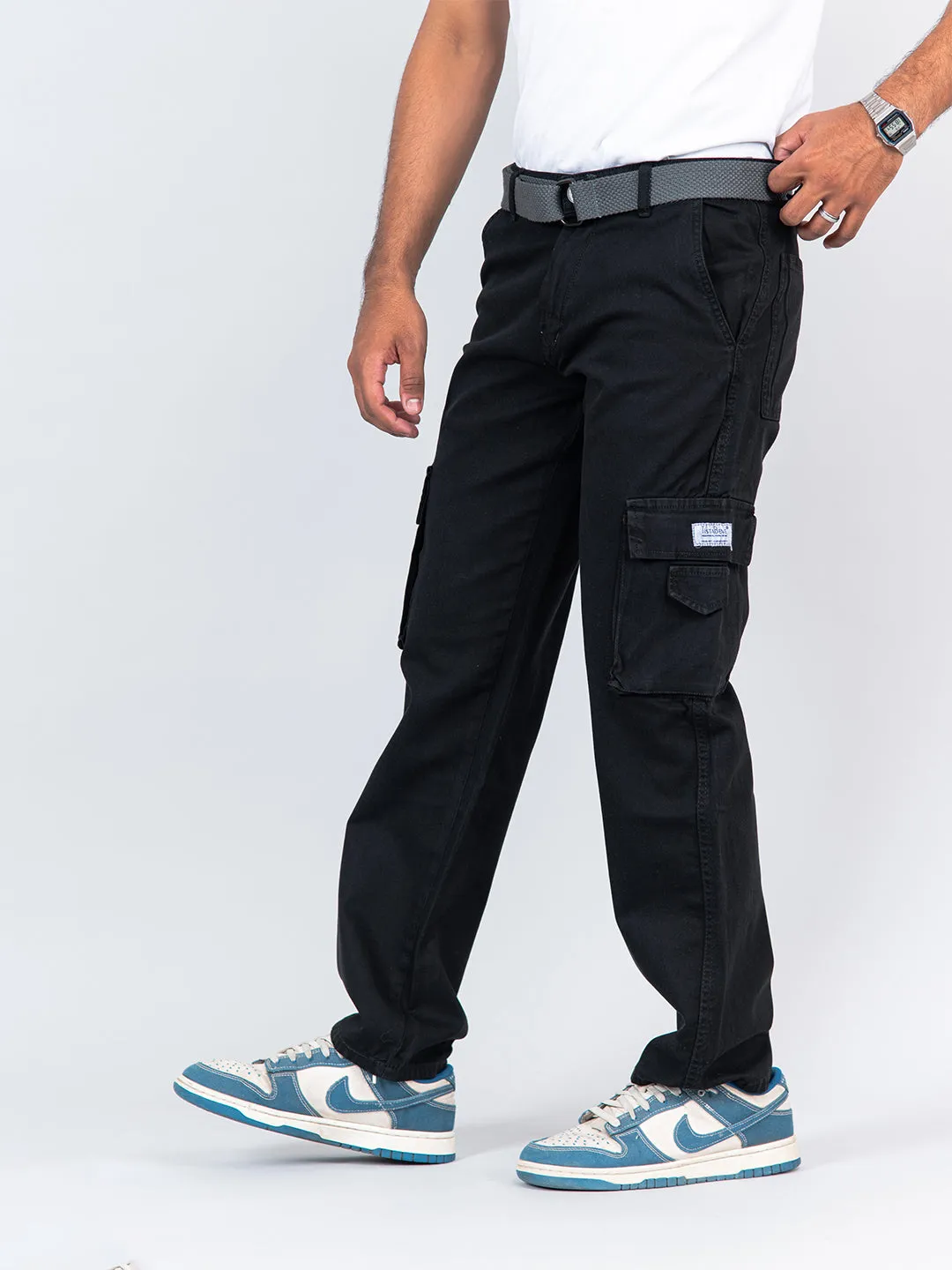 Black Flared Straight Fit Cargo Pants