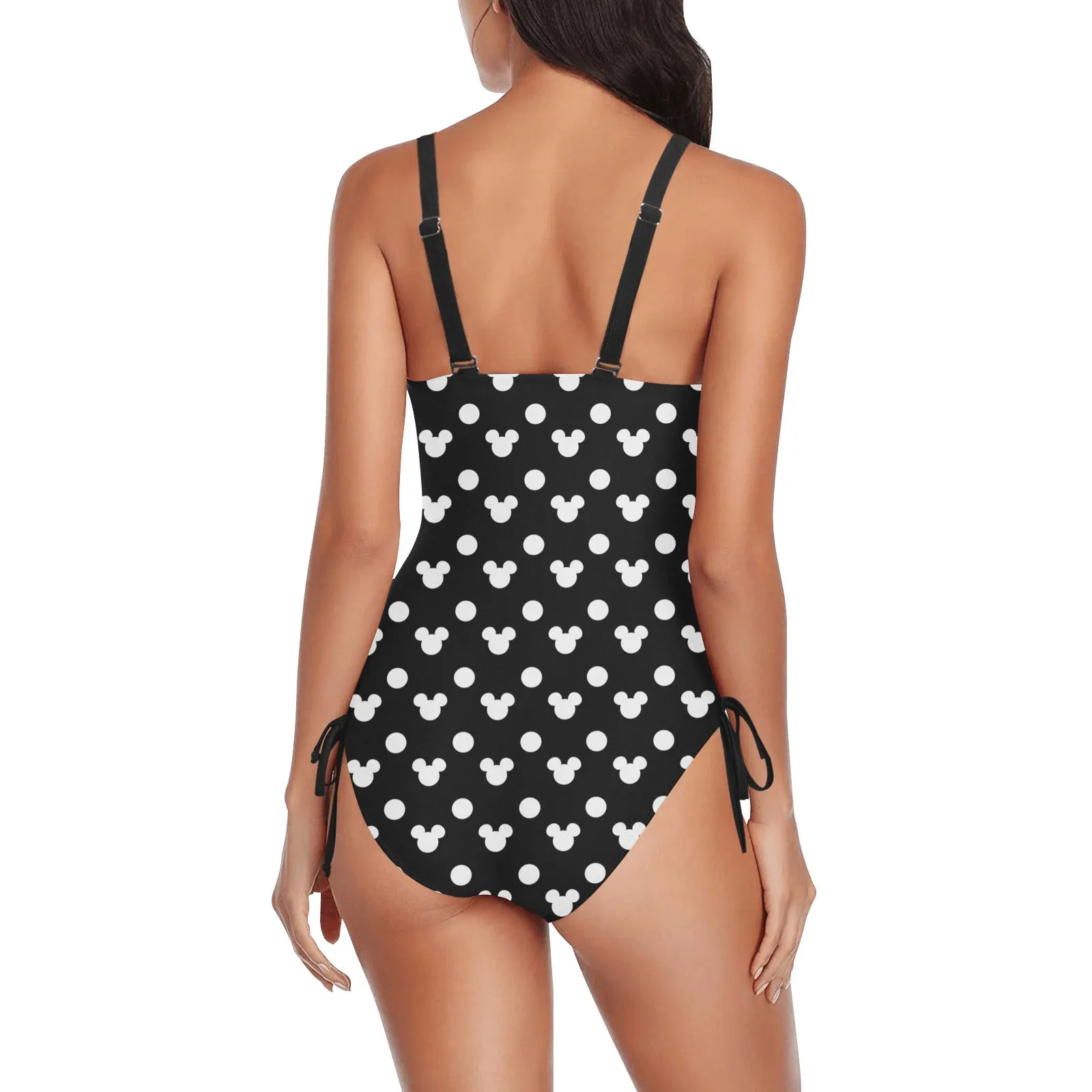 Black With White Mickey Polka Dots Drawstring Side Women's One-Piece Swimsuit