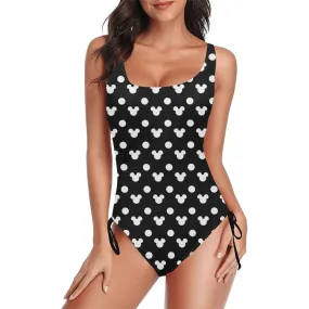 Black With White Mickey Polka Dots Drawstring Side Women's One-Piece Swimsuit