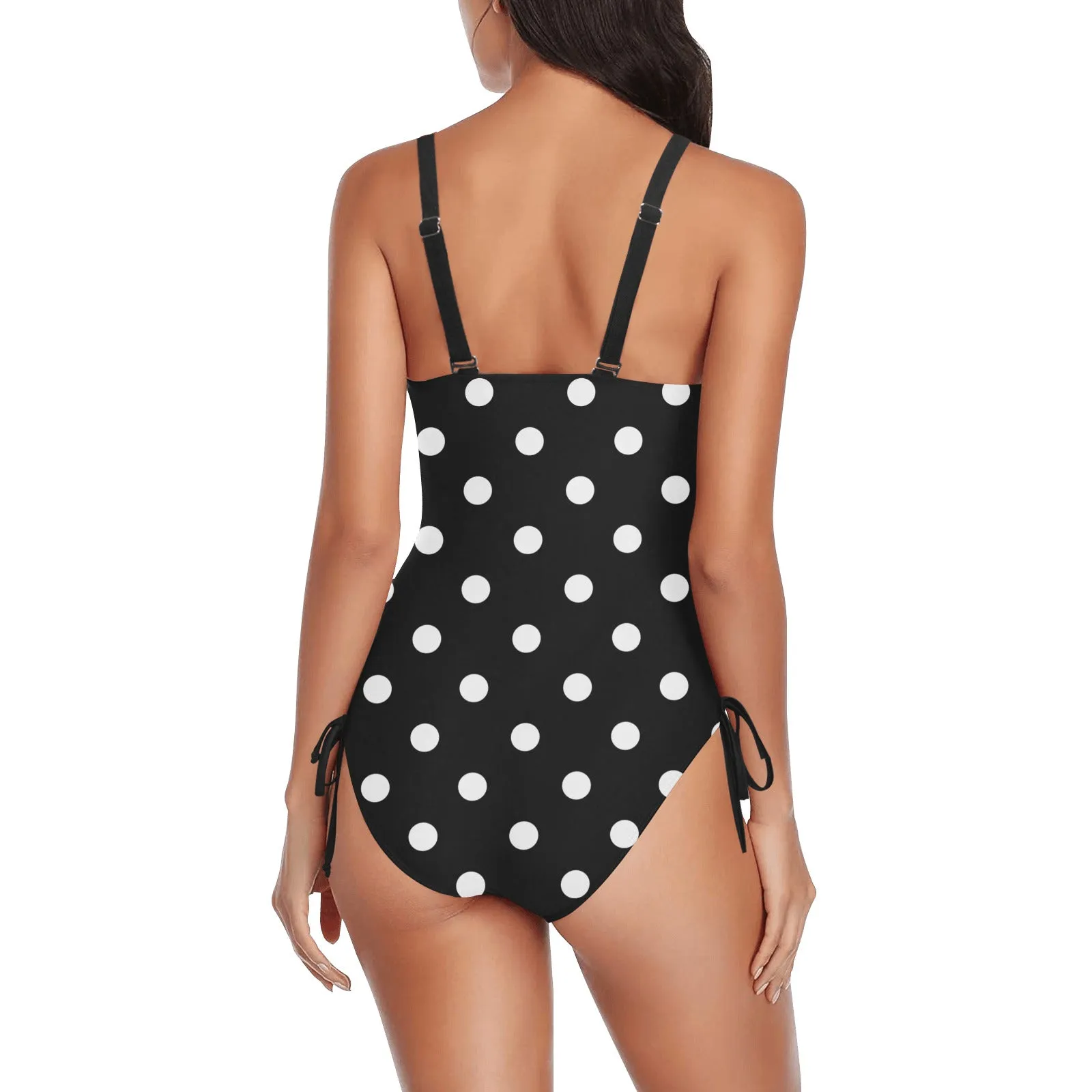 Black With White Polka Dots Drawstring Side Women's One-Piece Swimsuit