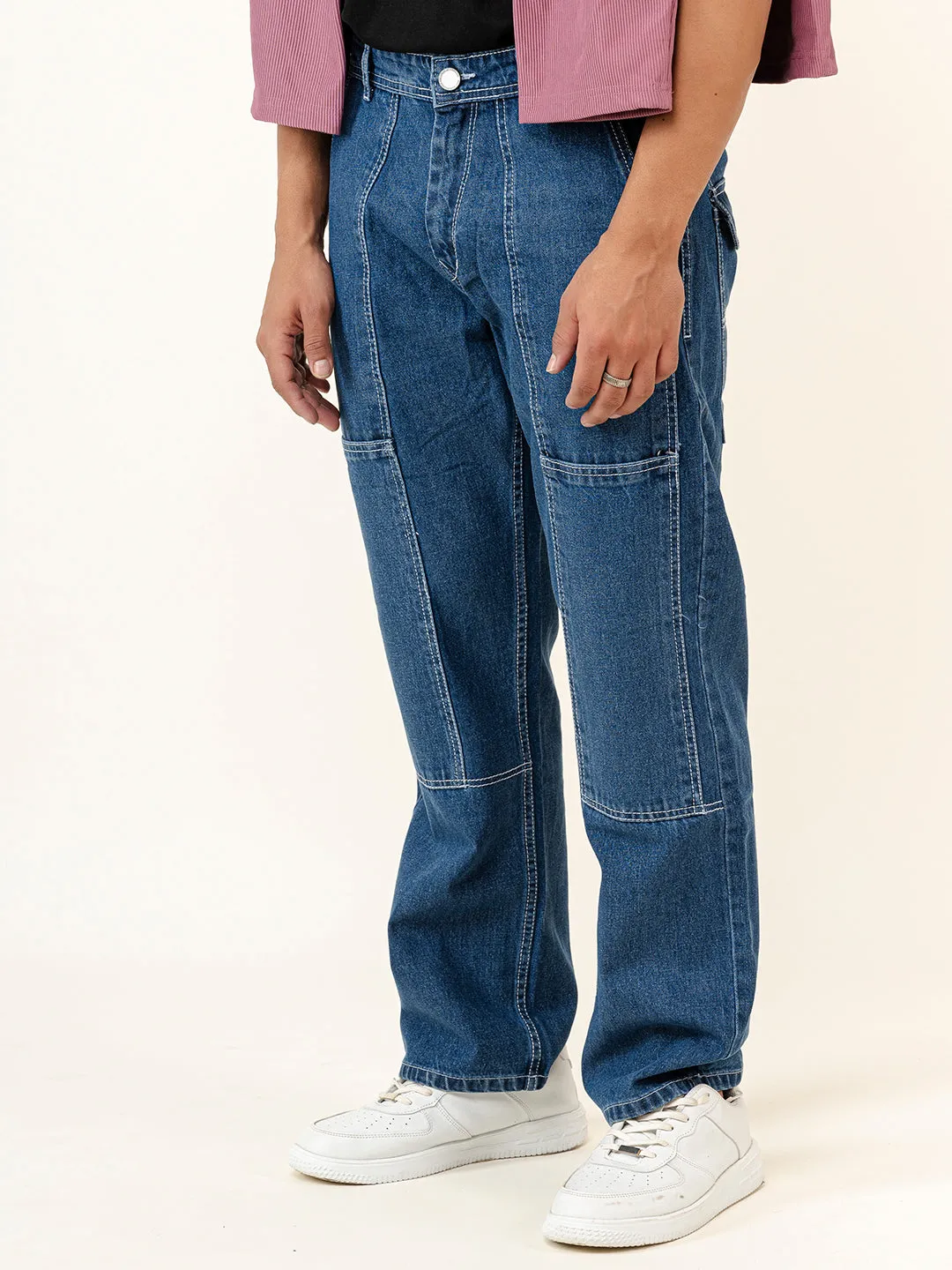 Blue Flared Straight Fit Denim Cargo