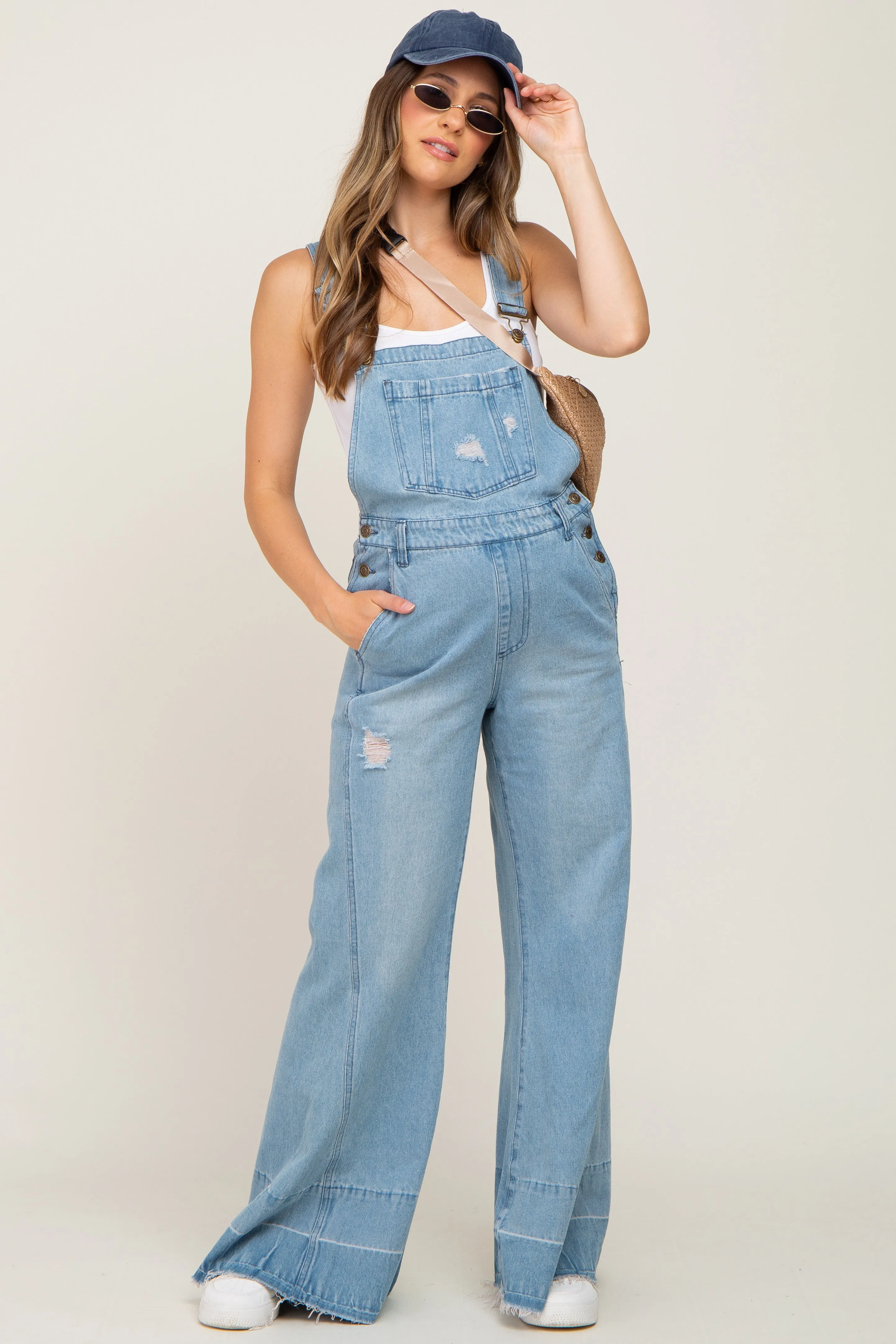 Blue Light Wash Denim Distressed Wide Leg Maternity Overalls