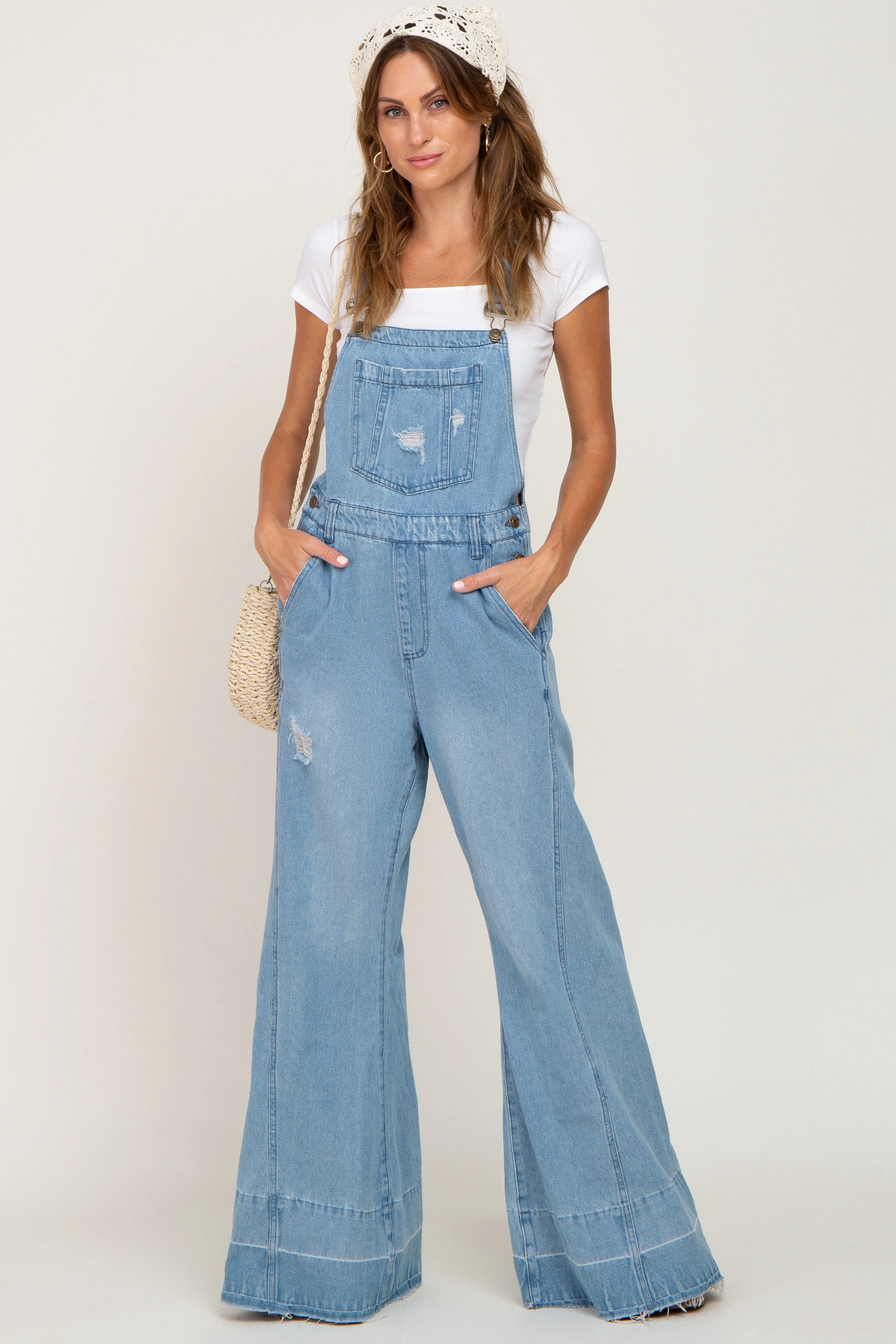 Blue Light Wash Denim Distressed Wide Leg Maternity Overalls