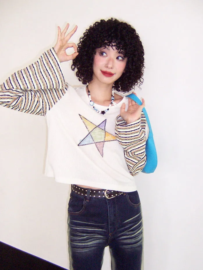 Border Star Casual Handwrite Flare-Sleeve Cutew