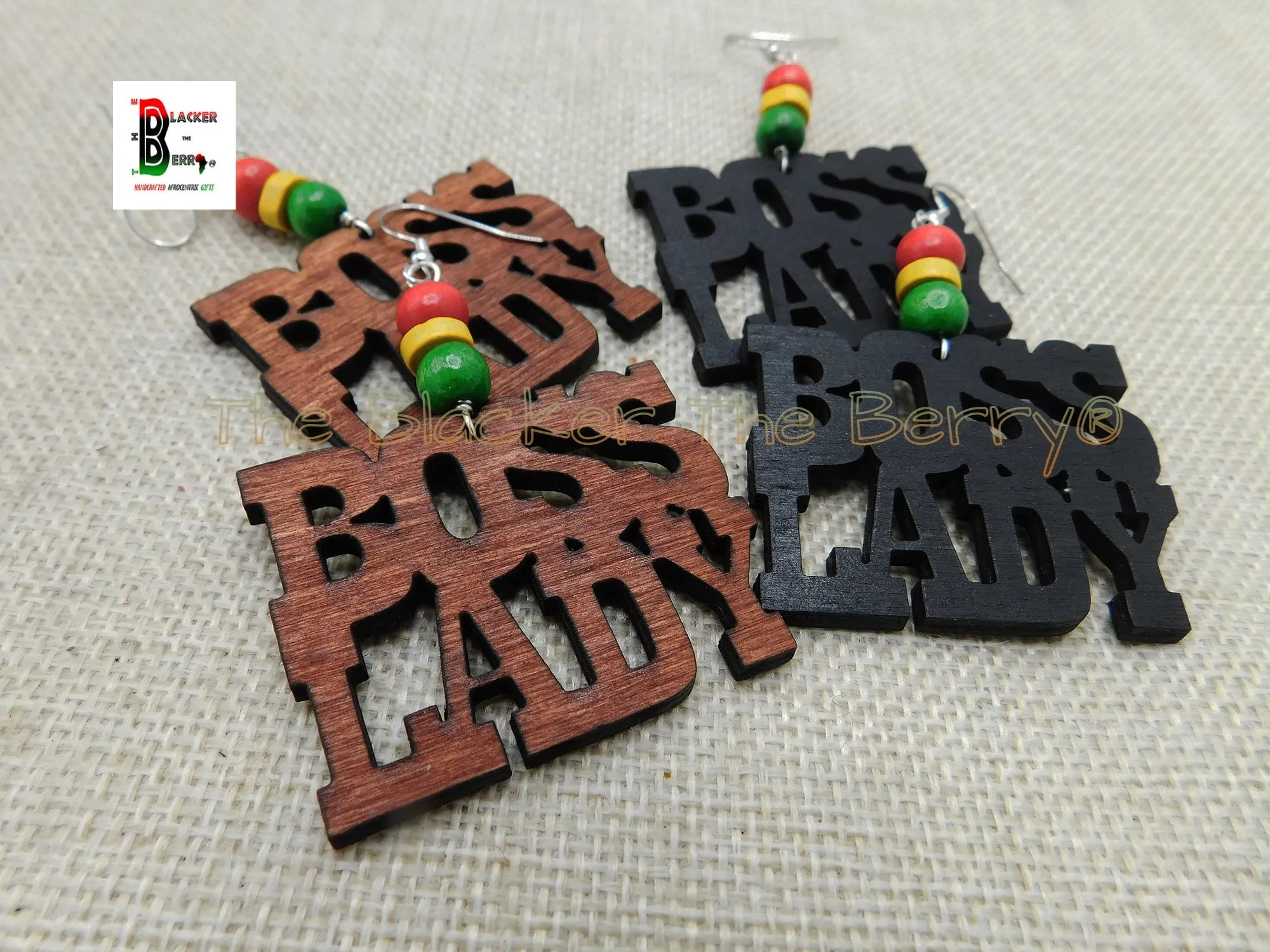 Boss Lady Earrings Black Wooden Rasta Jewelry Gift Ideas for Her Women Handmade