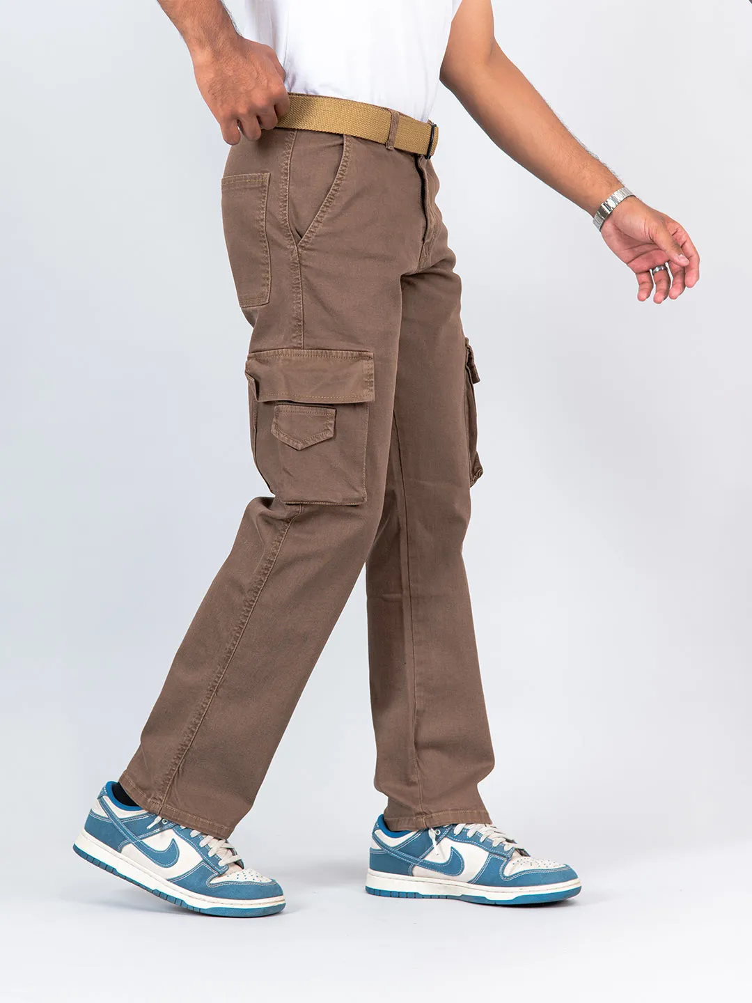 Camel Brown Flared Straight Fit Cargo Pants