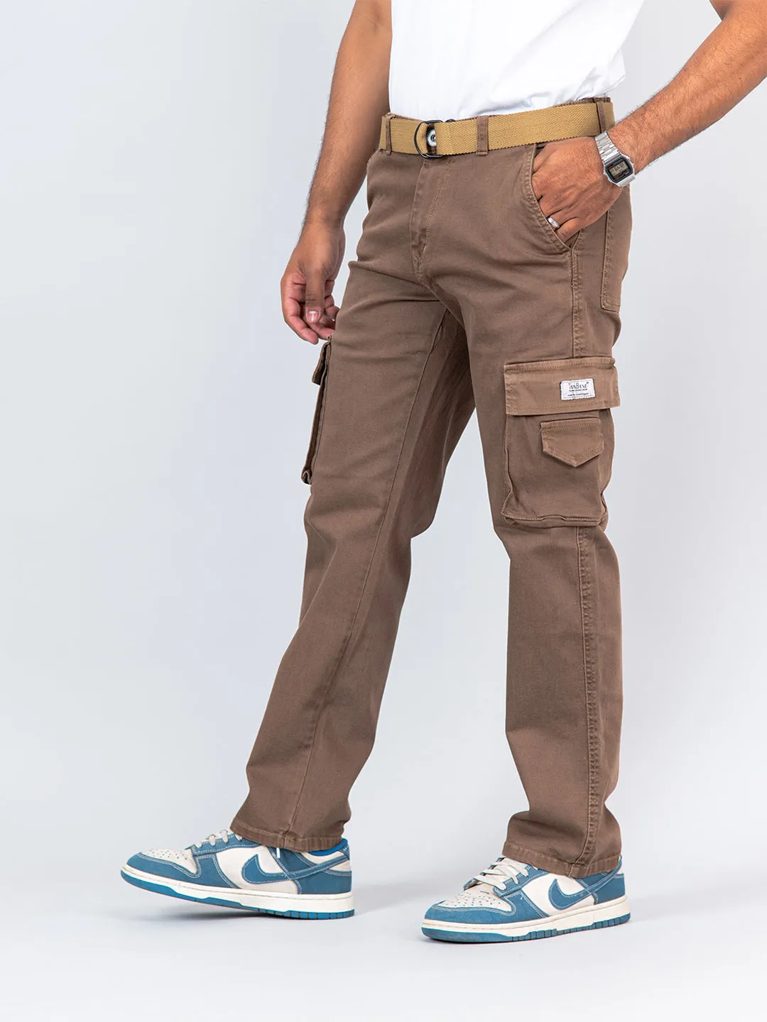 Camel Brown Flared Straight Fit Cargo Pants