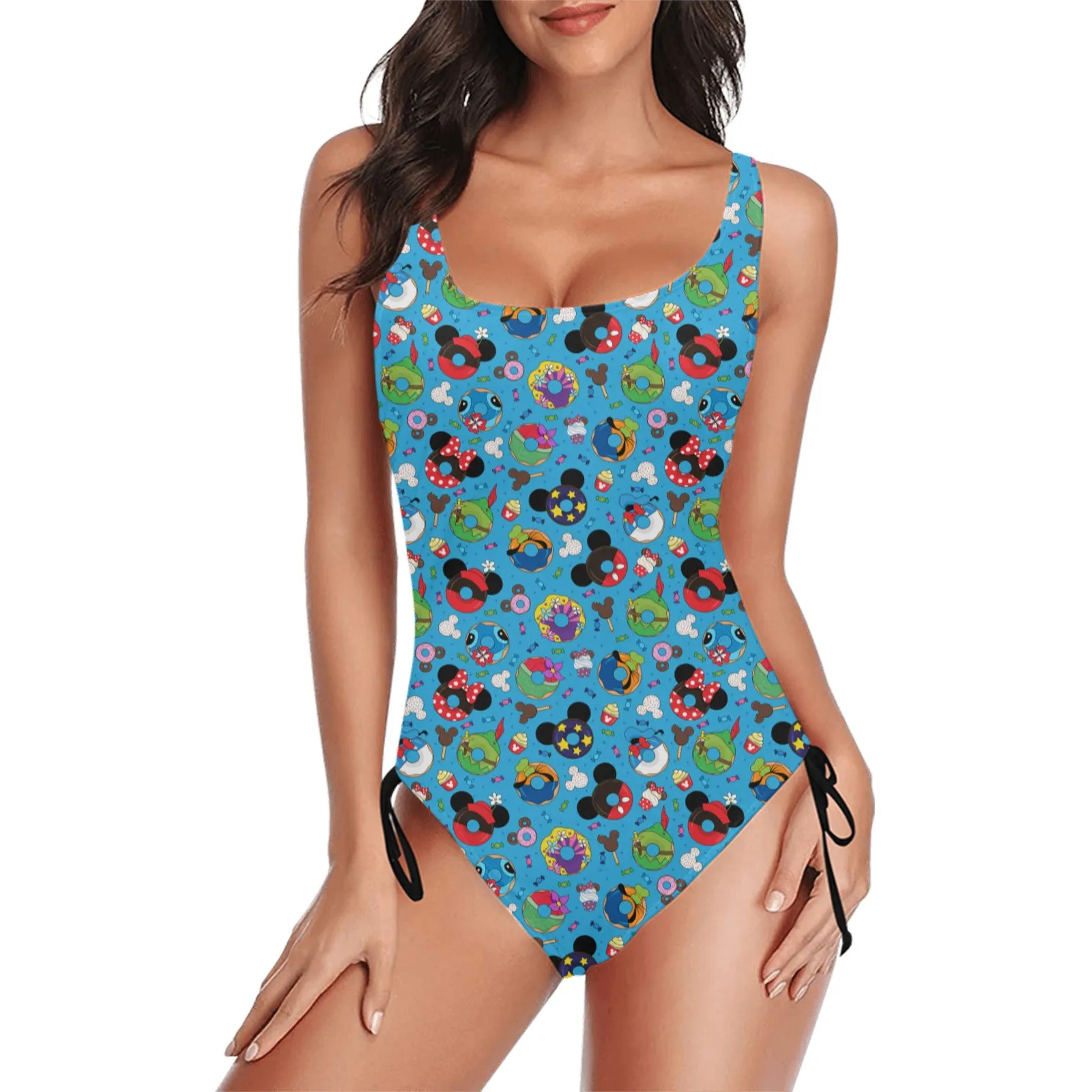 Character Donuts Drawstring Side Women's One-Piece Swimsuit