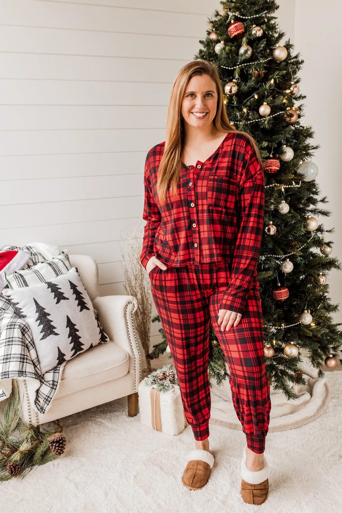 Chasing Snowflakes Plaid Lounge Top- Red & Black