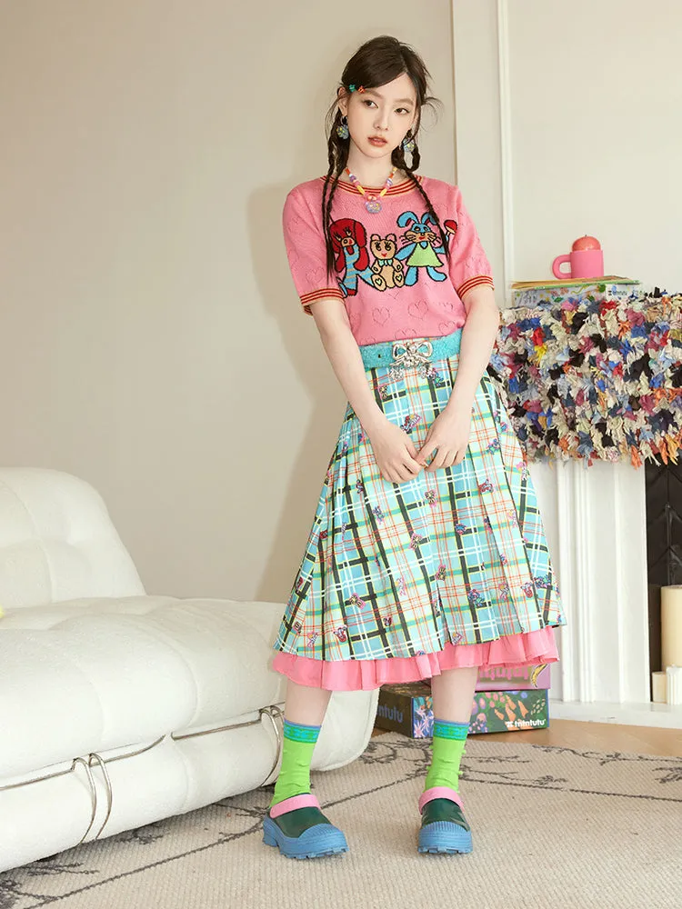 Checked Frill Embroidery Animal Layered Fancy Flare-Skirt