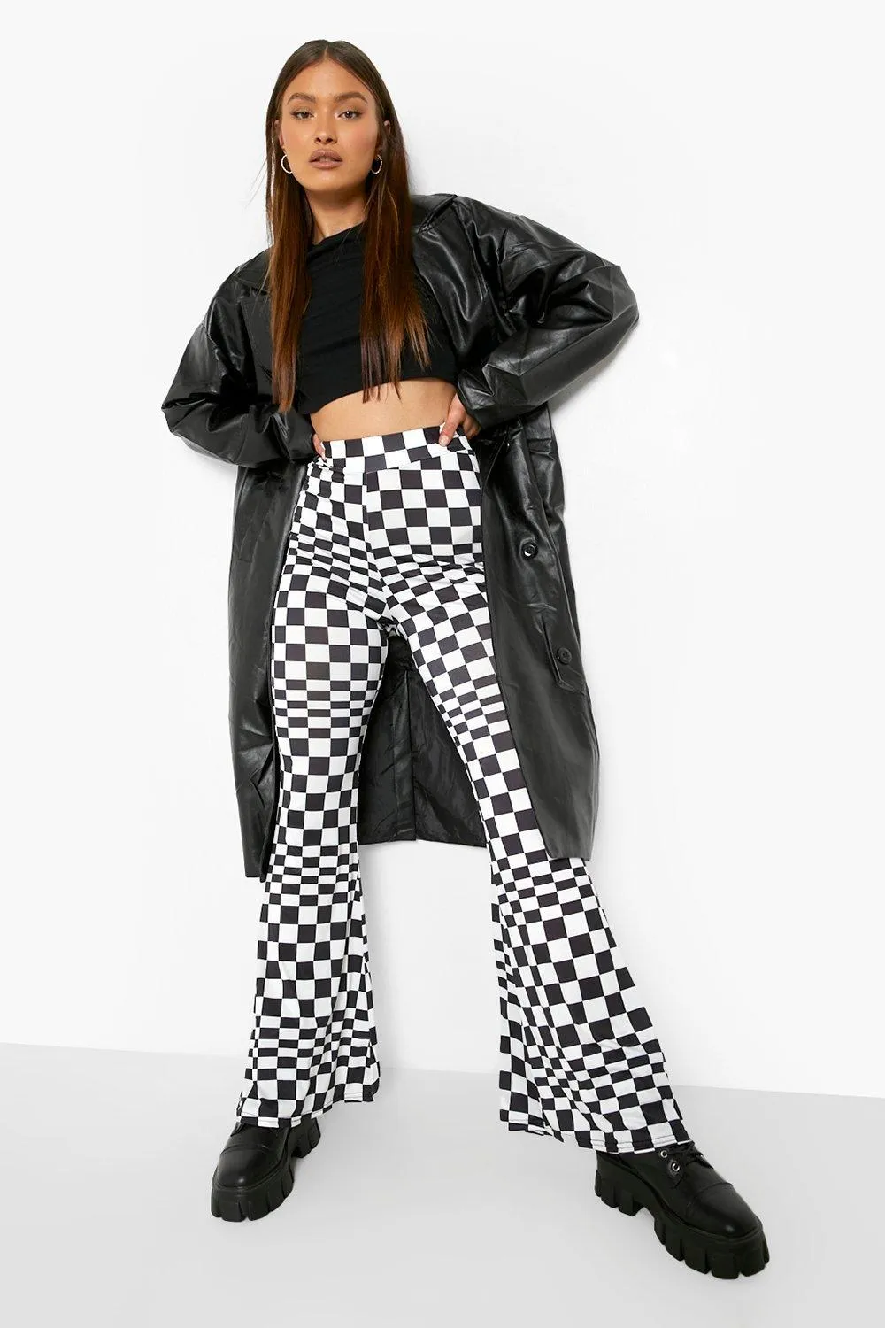 Checkerboard Printed Jersey Knit Flares