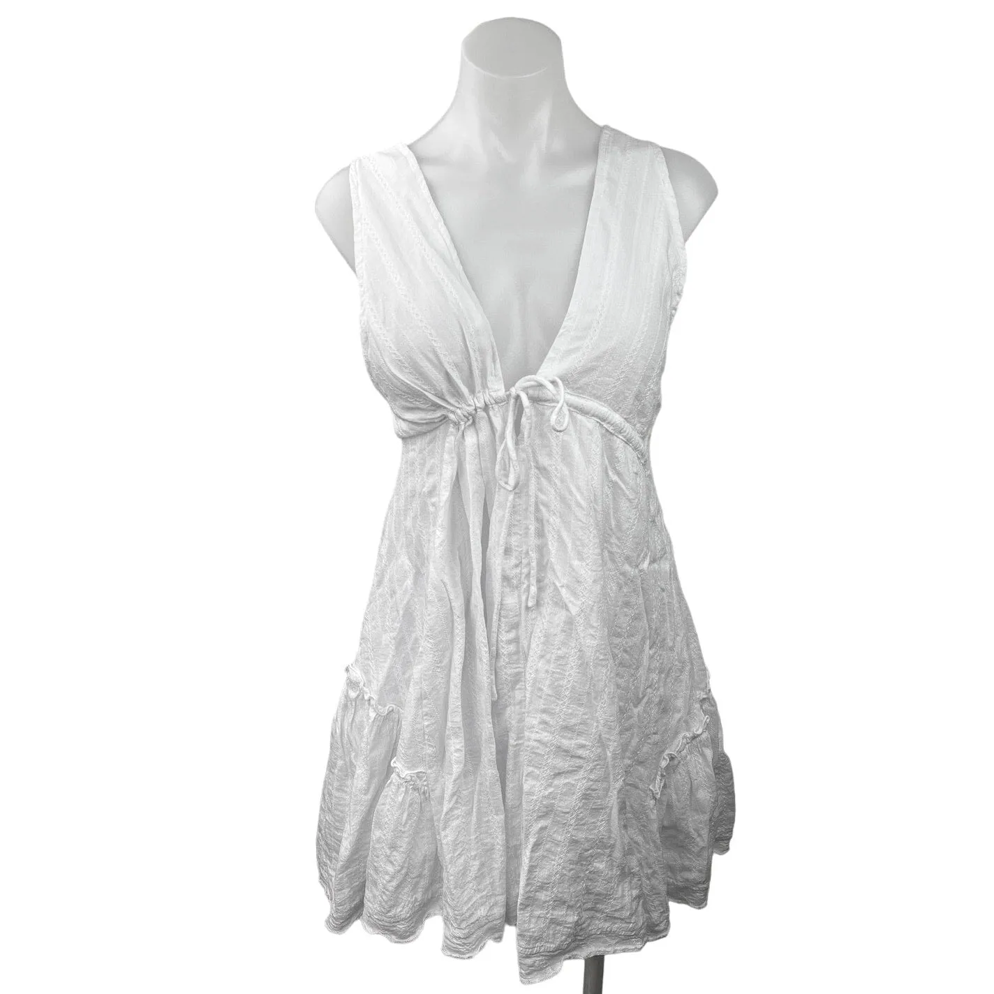 Commense Women's White V Neck Backless Drawstring A Line Flare Mini Dress Size S