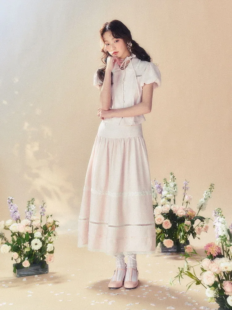 Constricted Puff-Sleeve Lace Flare Blouse＆Long-Skirt