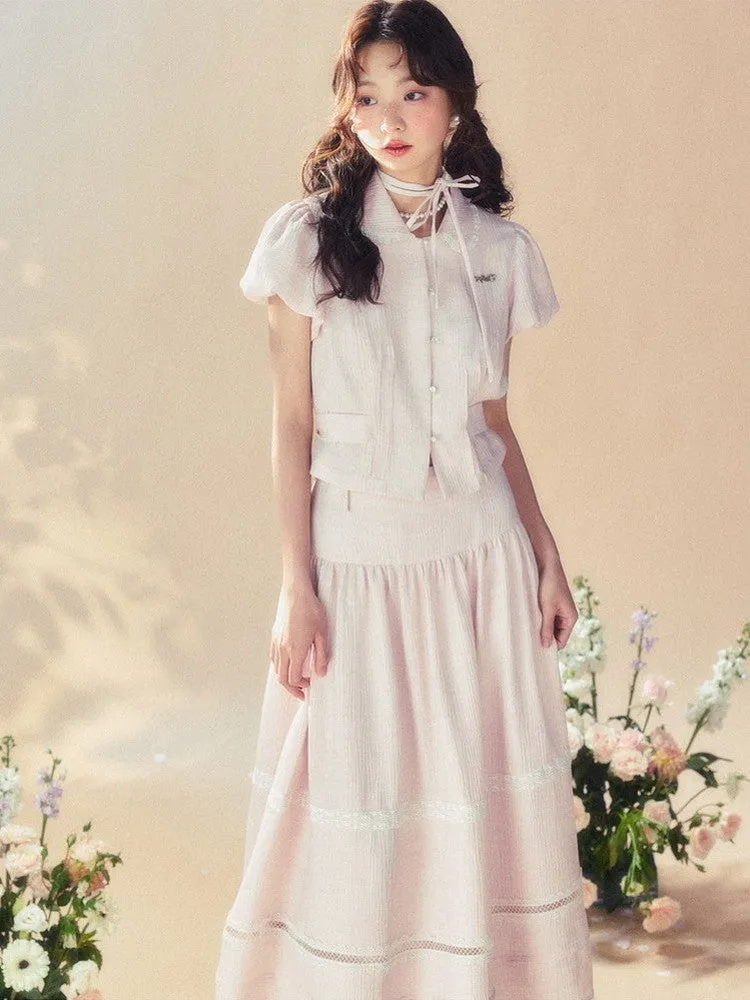 Constricted Puff-Sleeve Lace Flare Blouse＆Long-Skirt