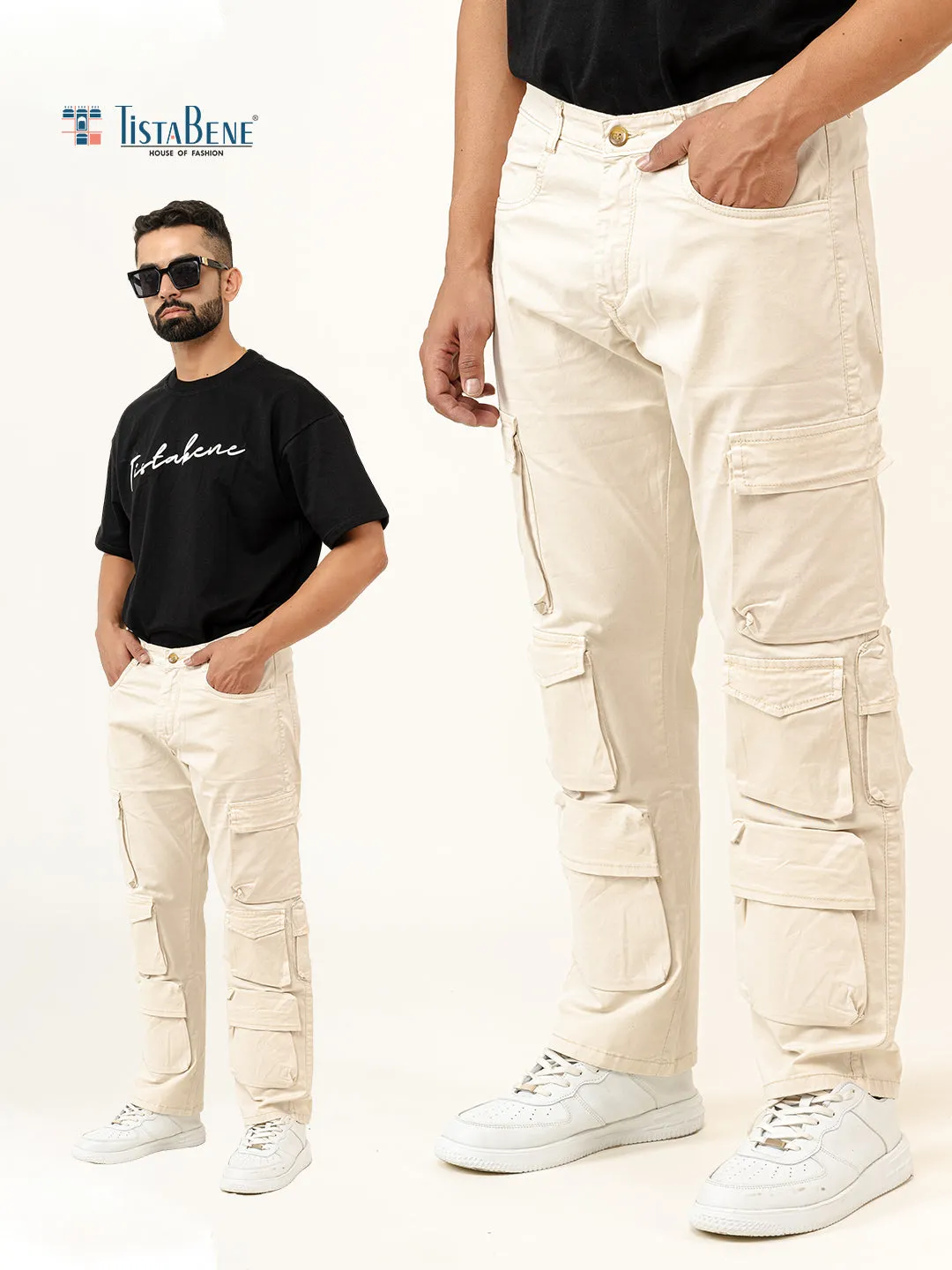 Cream Flared Straight Fit Cargo Pants