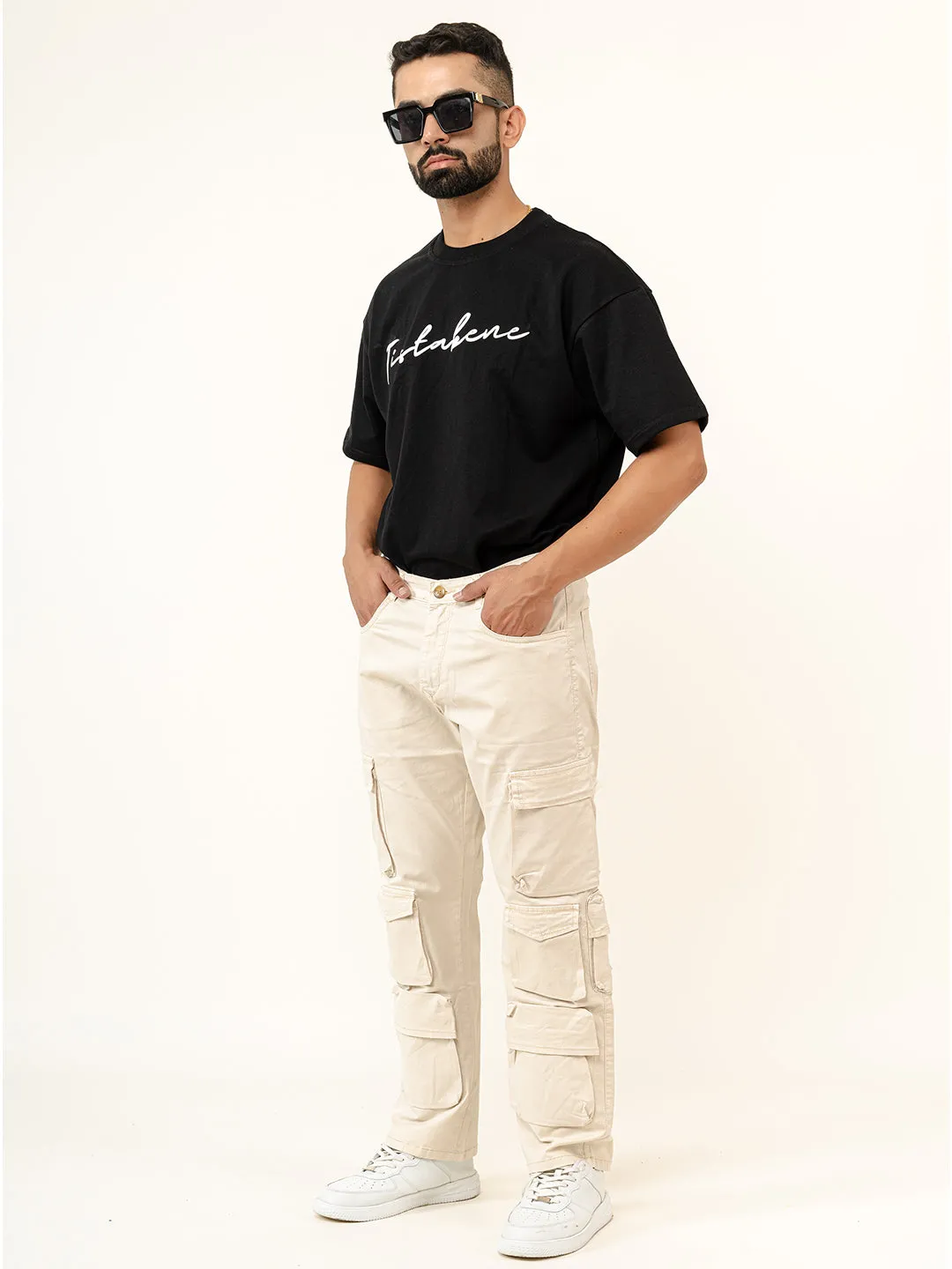 Cream Flared Straight Fit Cargo Pants