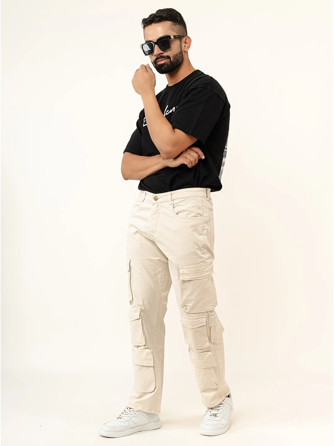 Cream Flared Straight Fit Cargo Pants