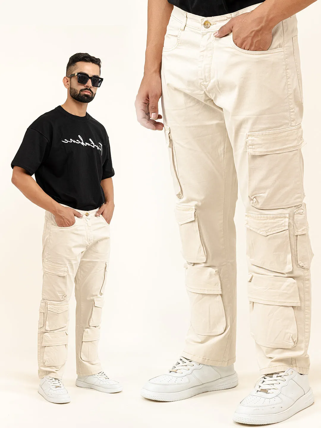 Cream Flared Straight Fit Cargo Pants