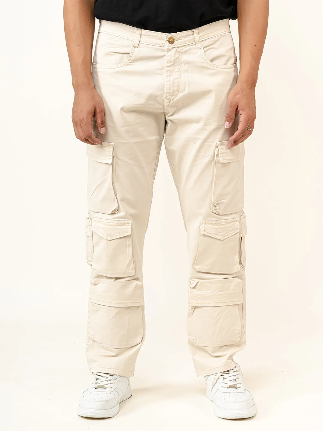 Cream Flared Straight Fit Cargo Pants