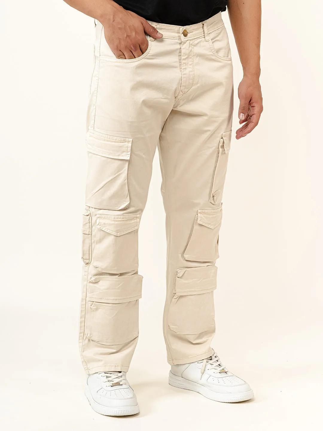 Cream Flared Straight Fit Cargo Pants