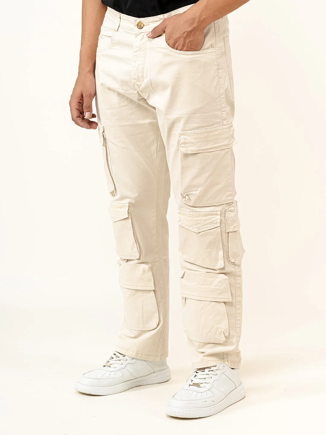 Cream Flared Straight Fit Cargo Pants